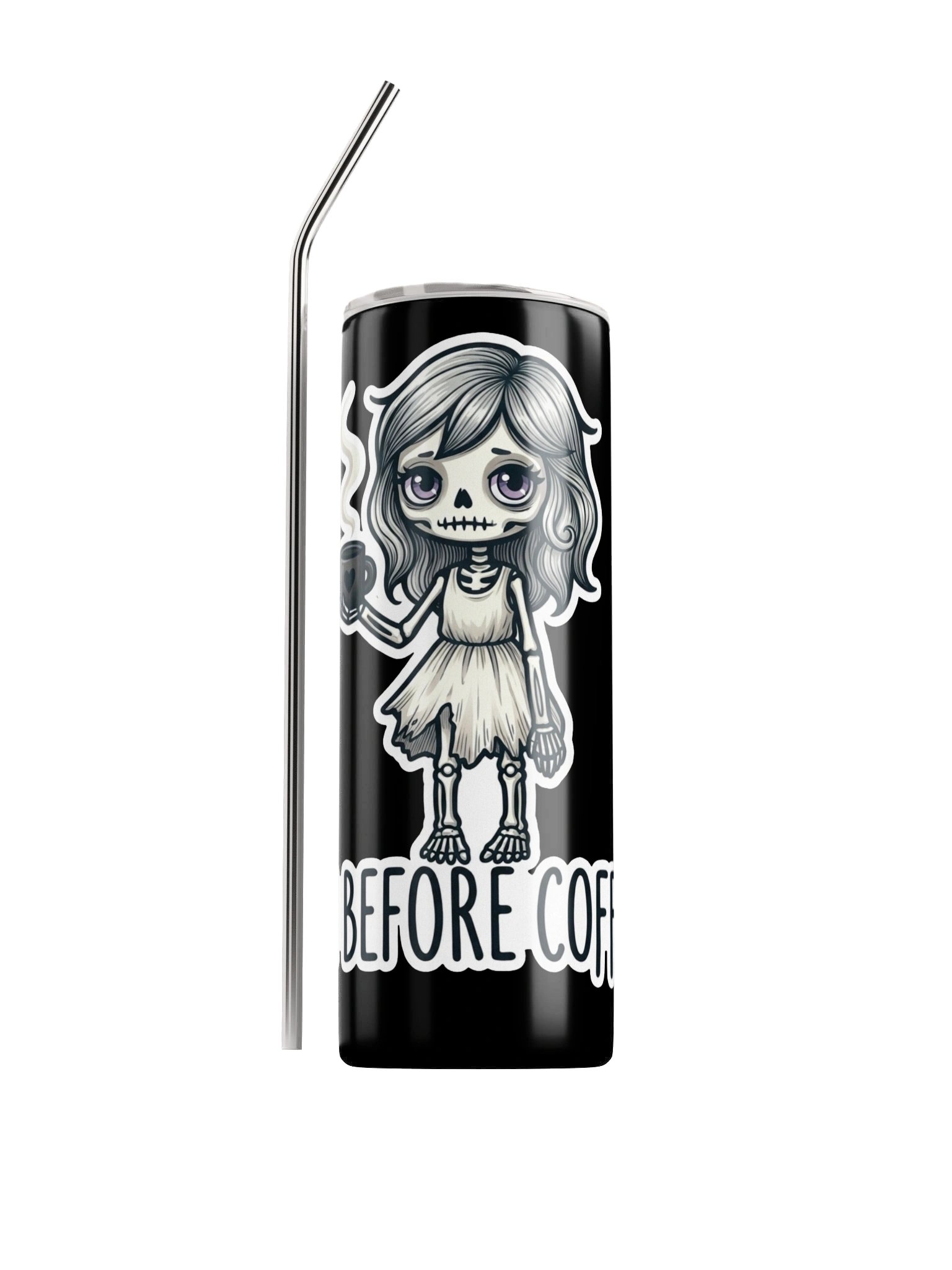 "Me Before Coffee" Skeleton Girl Tumbler | 20oz Stainless Steel product image (1)