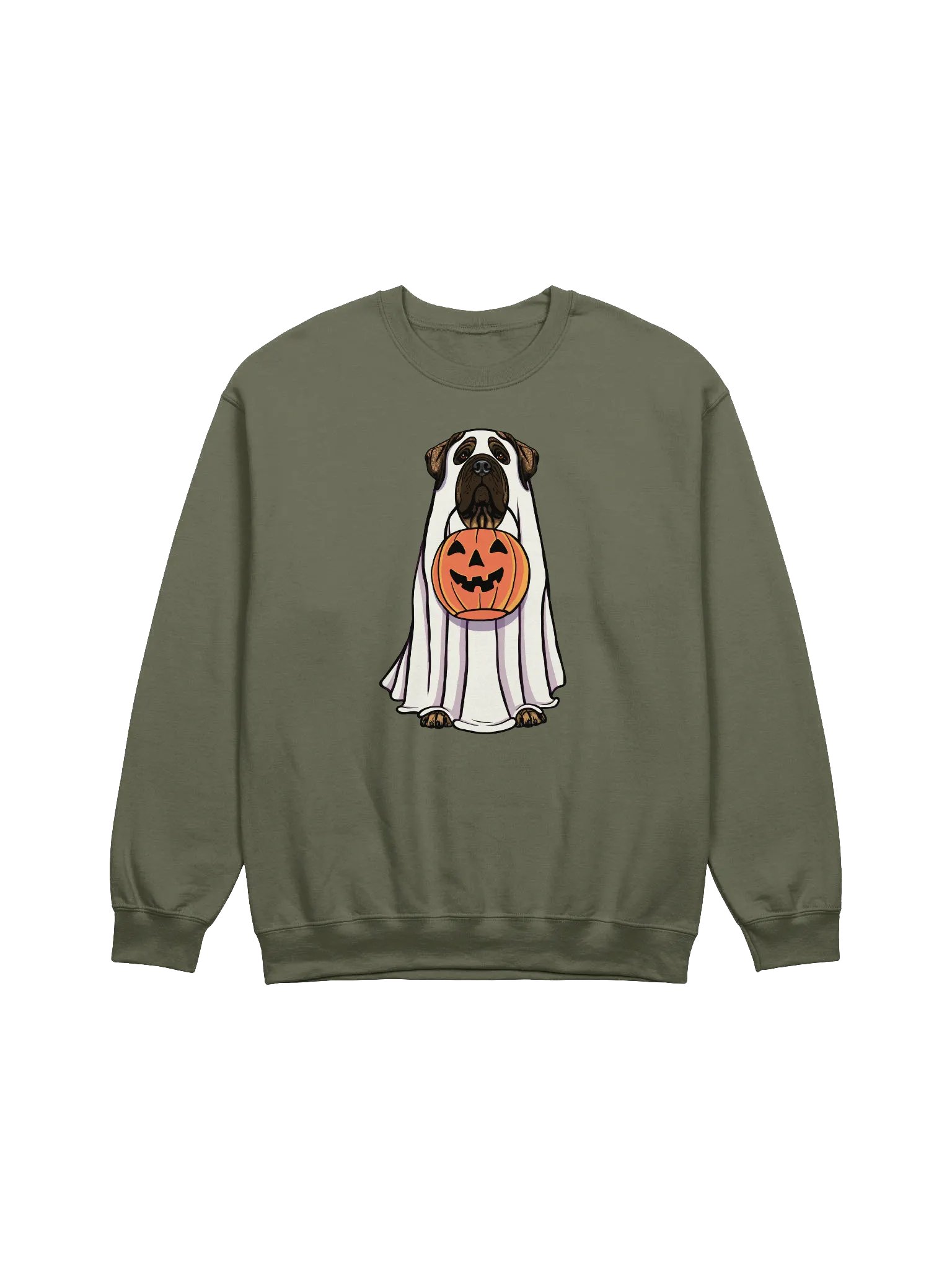 Funny Halloween English Mastiff(Brindle) Sweatshirt | Funny English Mastiff Wearing a Ghost Costume and Holding a Pumpkin Basket product image (1)