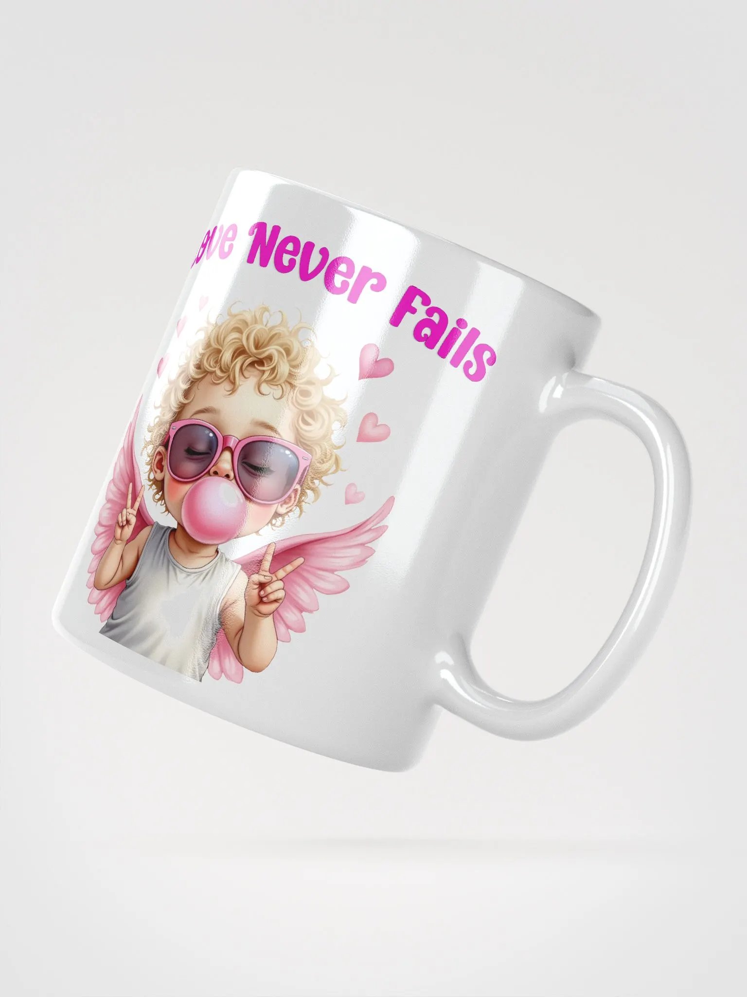 Love Never Fails Valentine Retro Cupid Valentine's Day White Glossy Mug product image (2)