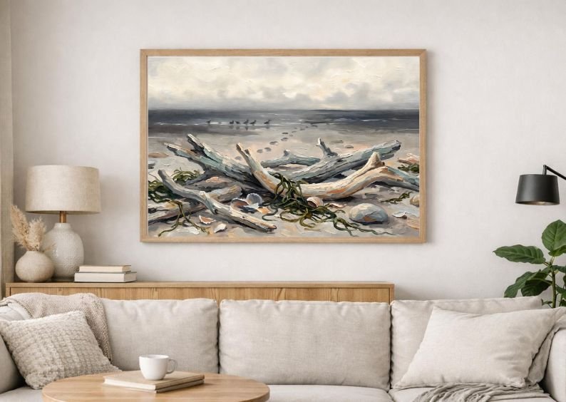 Rare Watercolor Coastal Wall Art Bundle of 3 – Abandoned Boathouse, Foggy Coastal Village & Driftwood Shore, Fine Detail Nautical Print product image (2)