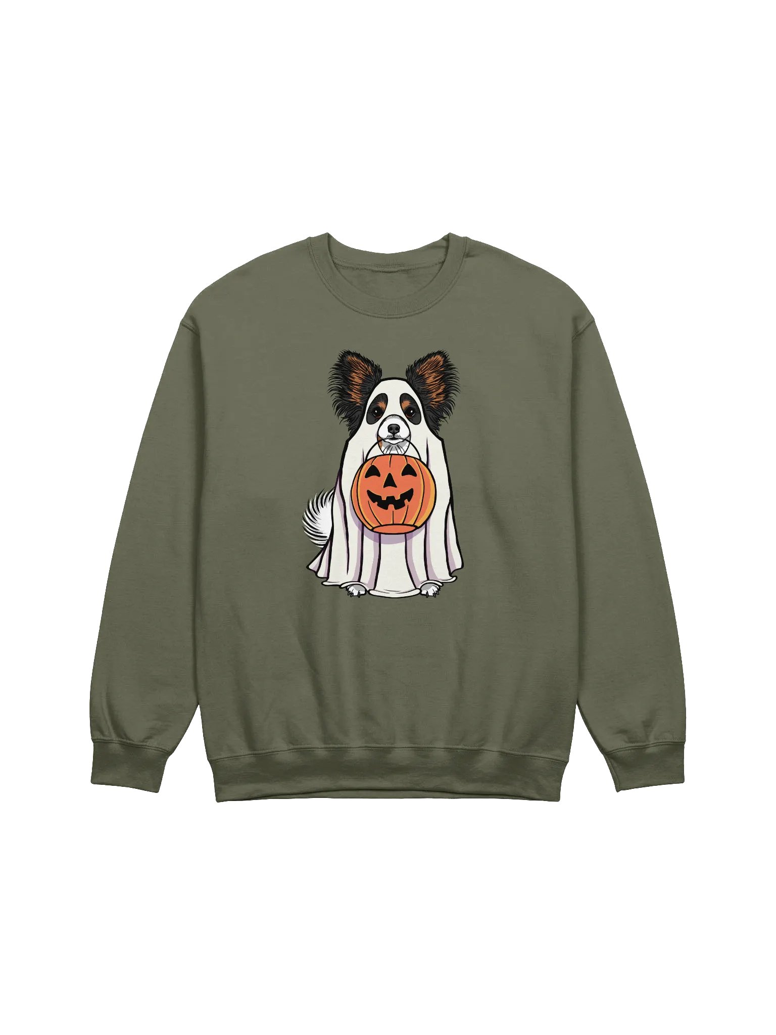 Funny Halloween Papillon(Tricolor) Sweatshirt | Funny Papillon Wearing a Ghost Costume and Holding a Pumpkin Basket product image (1)