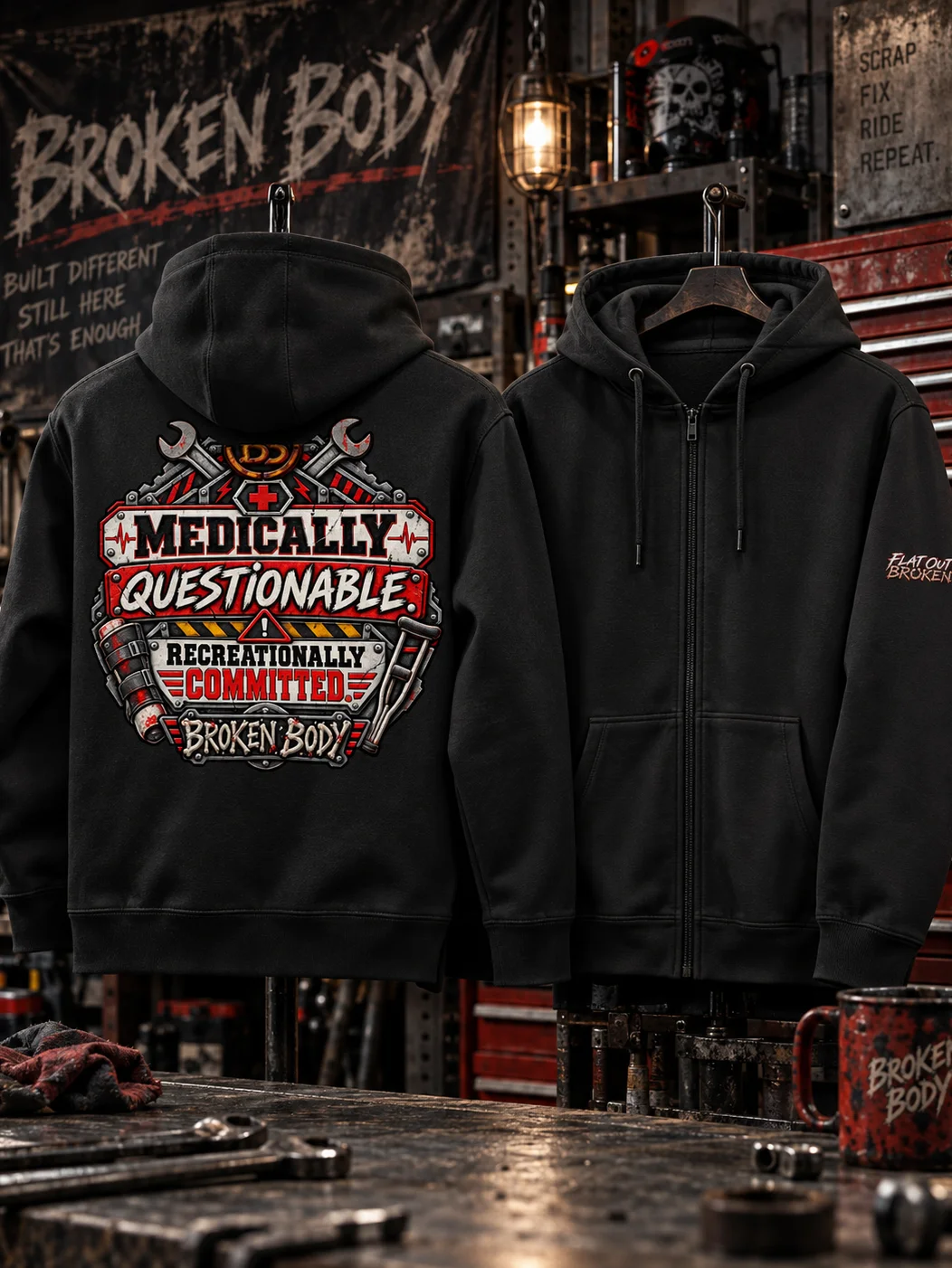 Funny Medical Humor Hoodie — Medically Questionable, Recreationally Committed | Flat Out Broken™ product image (1)