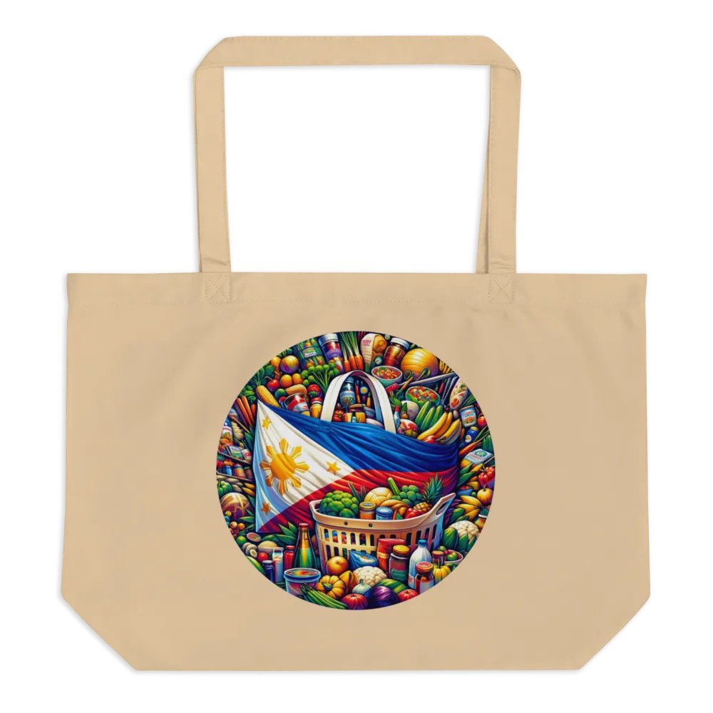 FILIPINO MARKET TOTE: VIBRANT GROCERIES MOSAIC BAG VERSATILE USE (ONE-SIDED), ORGANIC CREAM WIDE TOTE BAG product image (1)