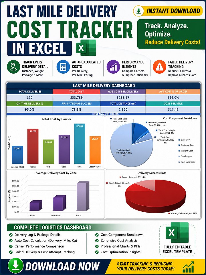 Last Mile Delivery Cost Tracker Excel Template | Logistics KPI Dashboard & Carrier Performance Analysis product image (1)