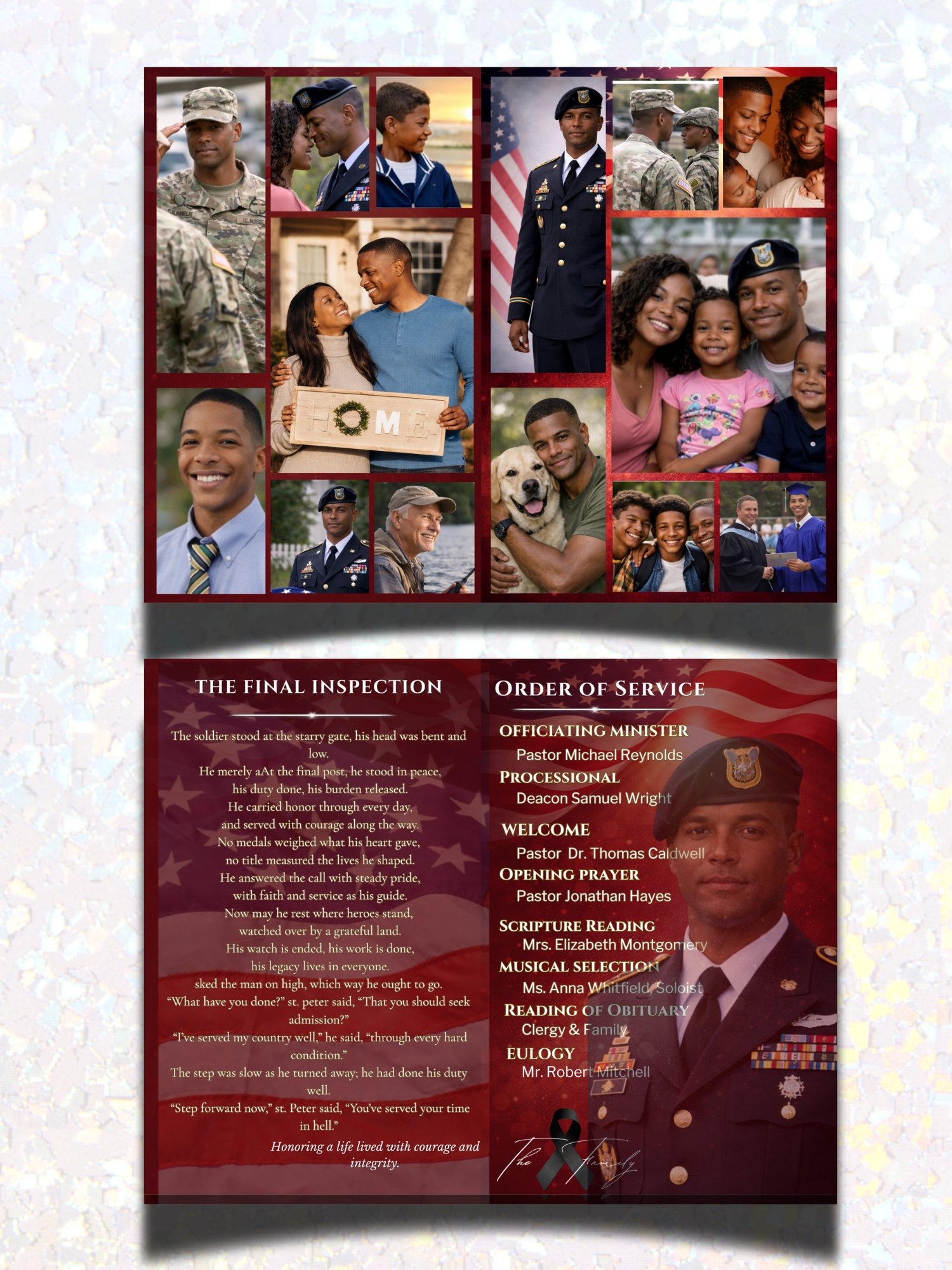 Military Veteran & First Responder Funeral Obituary Template, 8-Page Red Patriotic Canva Layout with QR Code product image (3)