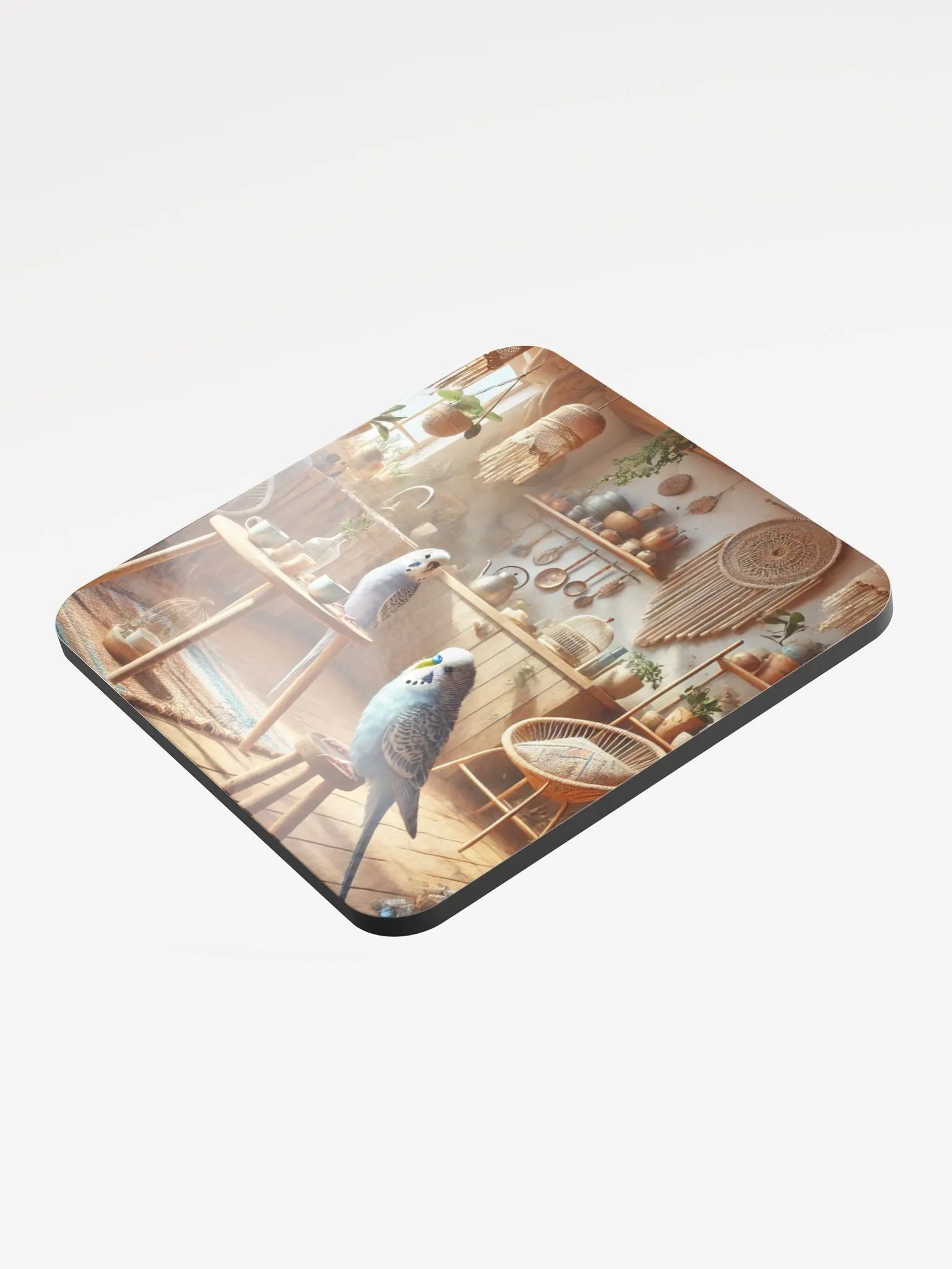 Perch & Sip – Glossed Cork Coaster with Parakeet Art 3 product image (3)