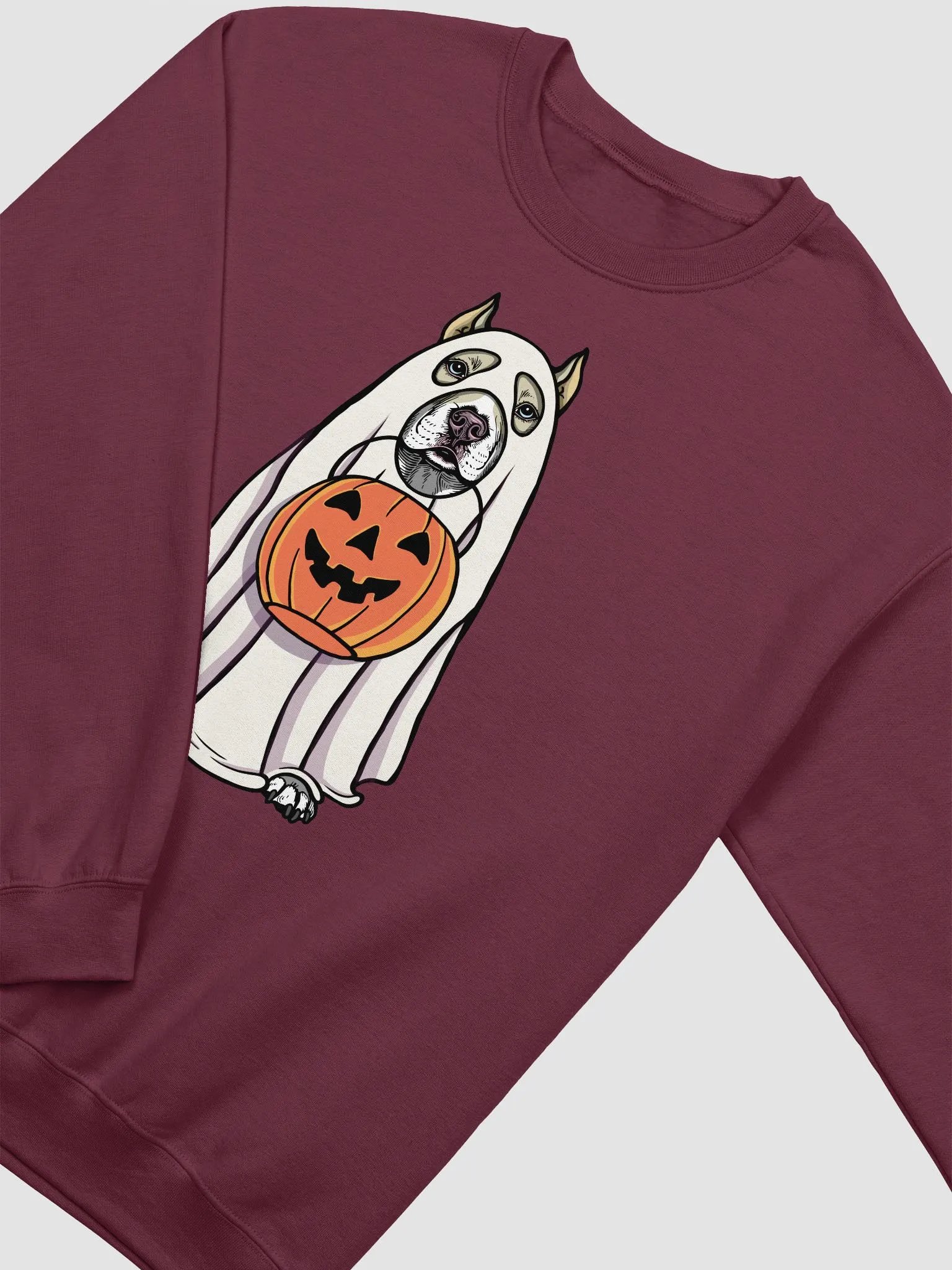 Funny Halloween Pitbull Terrier(Cropped Ears, Fawn) Sweatshirt | Funny Pittie Wearing a Ghost Costume and Holding a Pumpkin Basket product image (4)