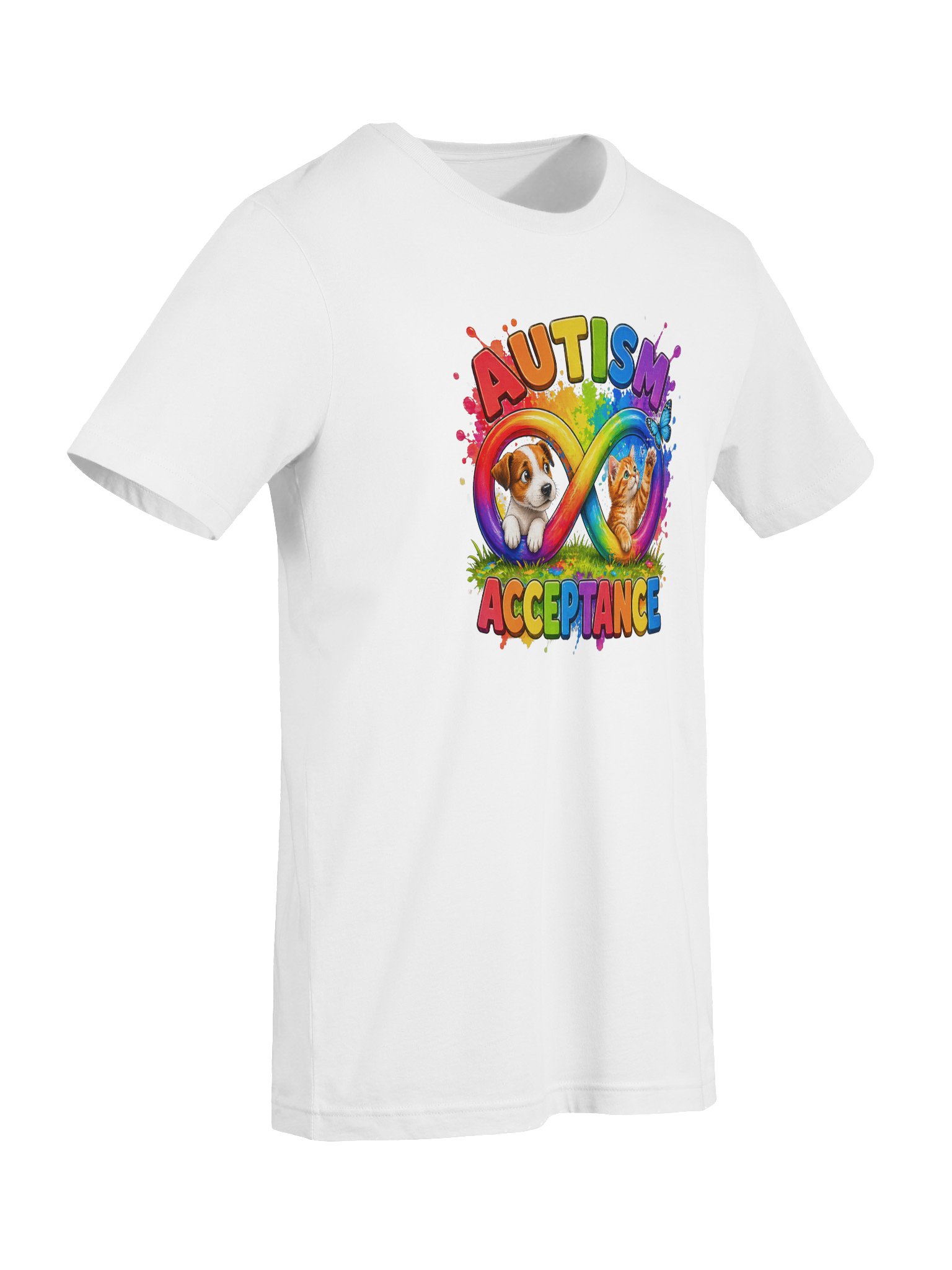 Puppy and Kitty Autism Acceptance & Inclusion Tee with Infinity Symbol Rainbow product image (17)