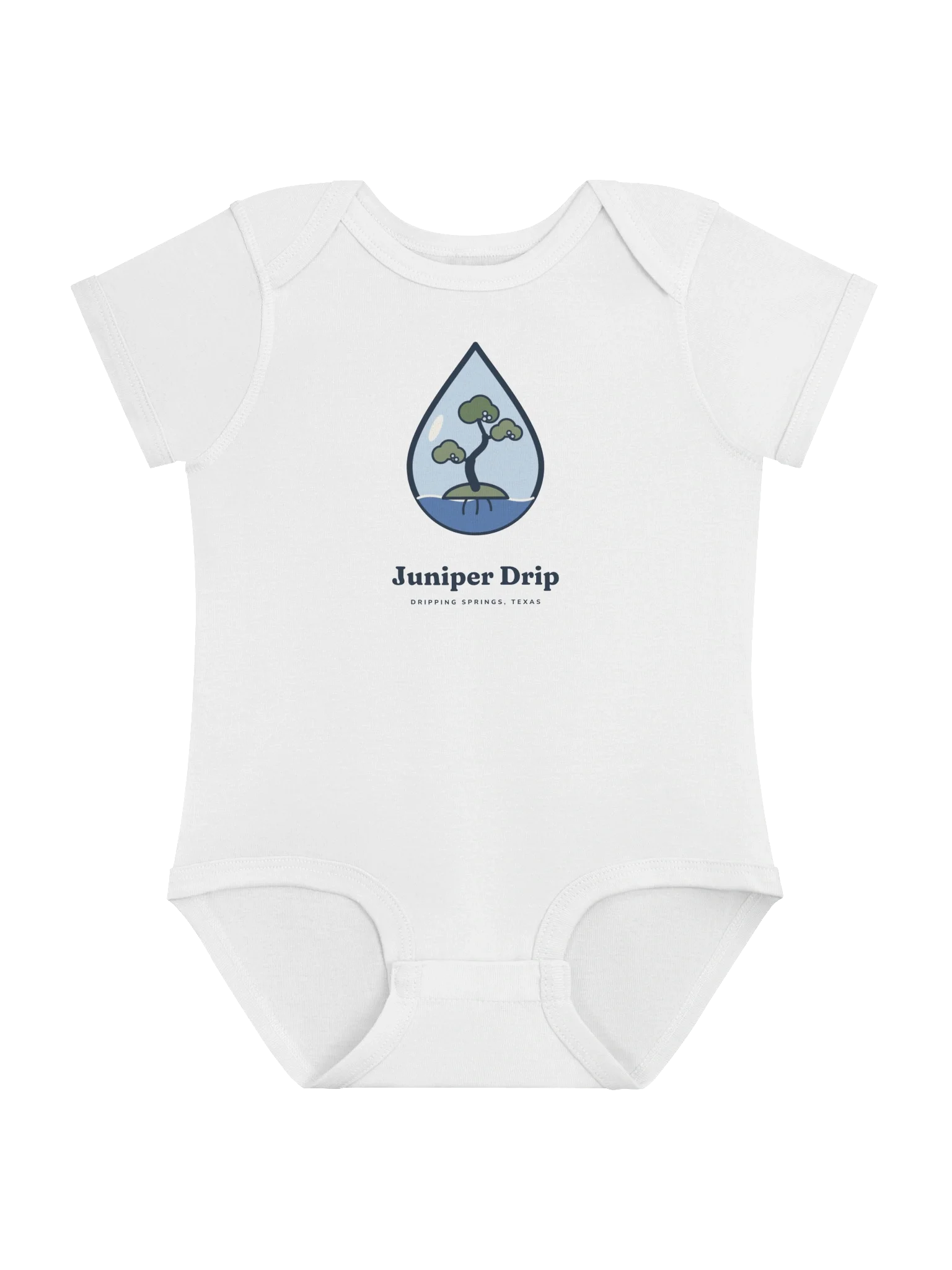 Drip Mark Baby Bodysuit in White: a little juniper tree growing inside a water droplet