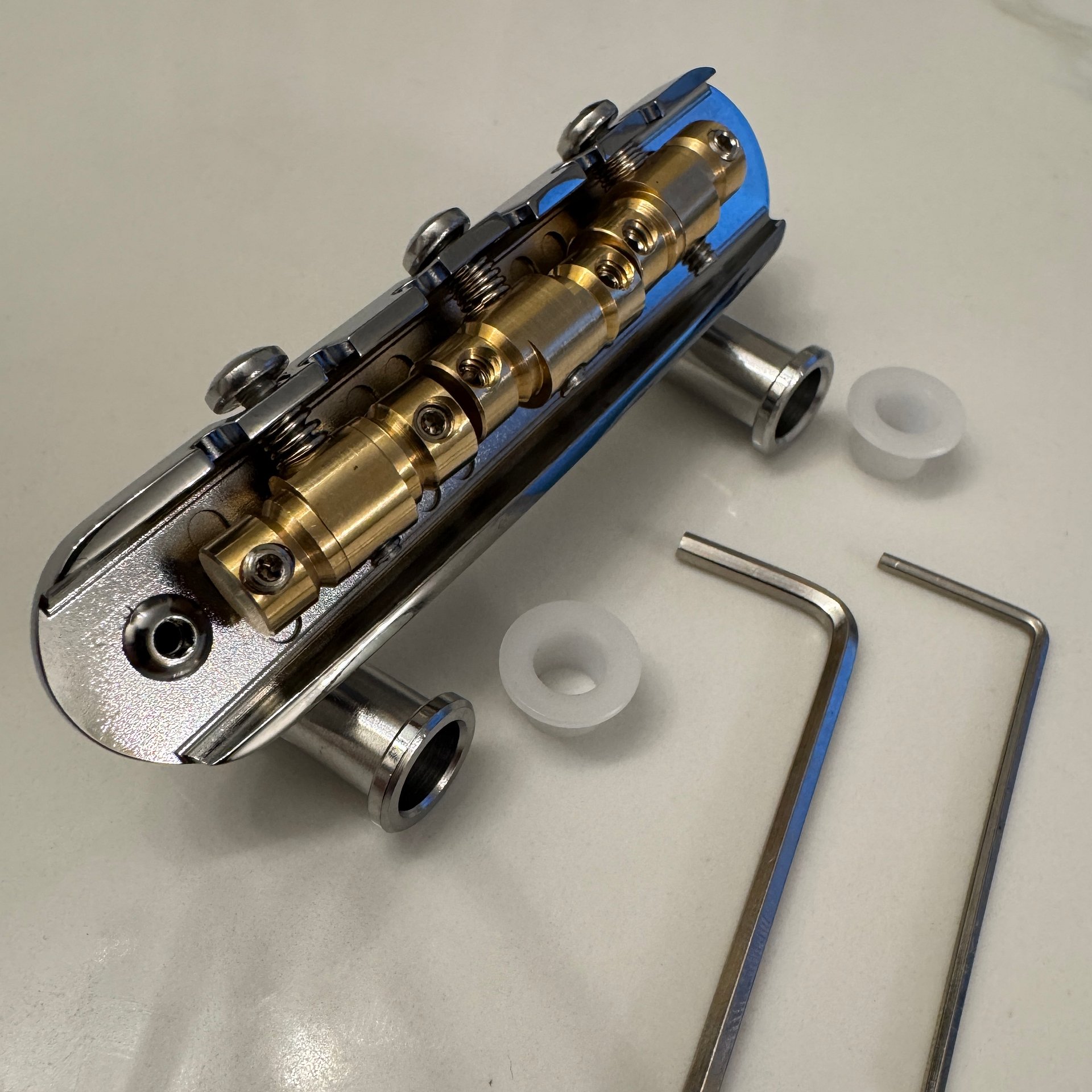 “The Goliath” Chrome-Plated Brass Jazzmaster / Jaguar / Mustang Bridge with USA Made Compensated Raw Brass Saddles product image (4)