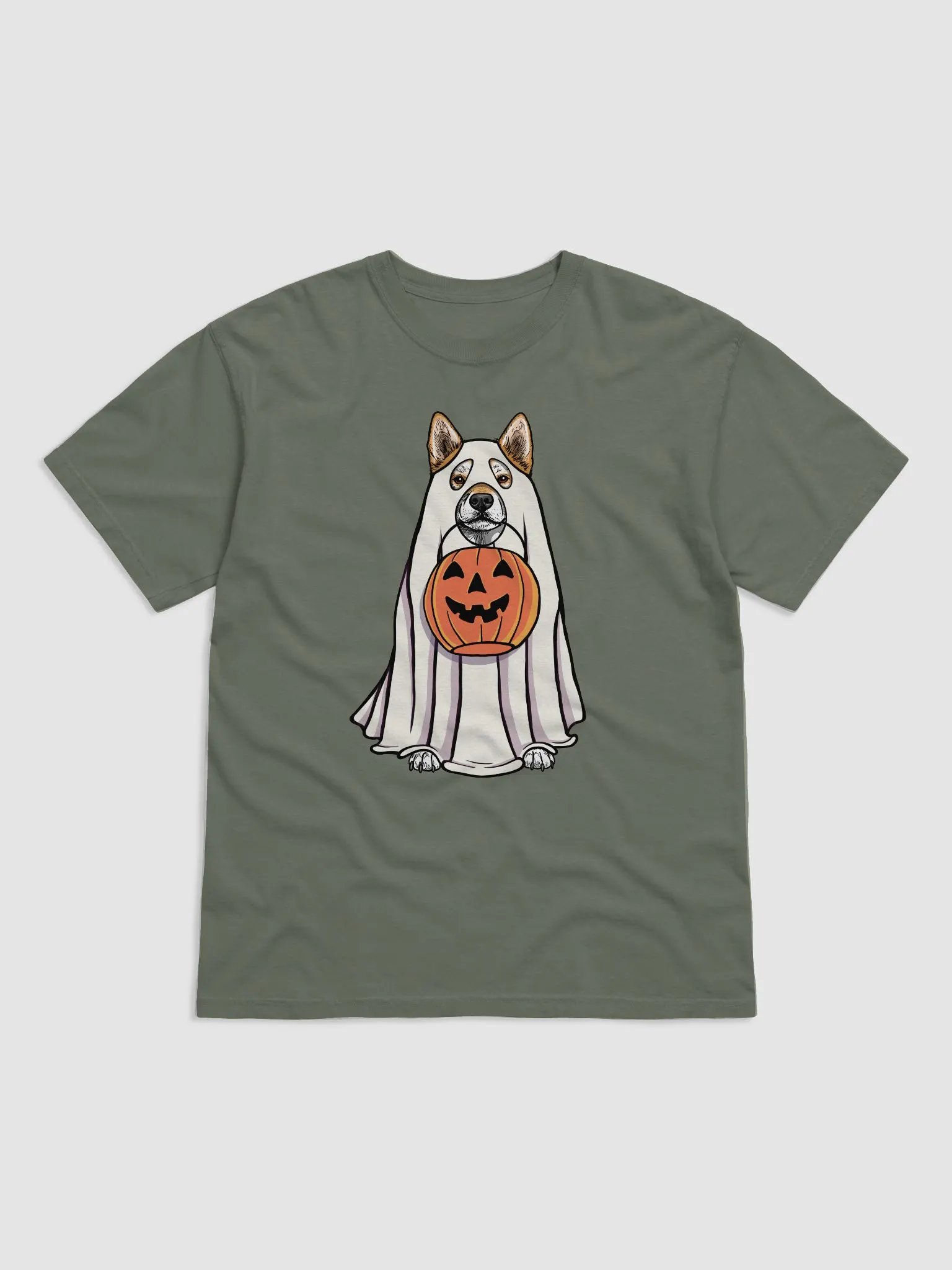 Funny Halloween Shiba Inu T-Shirt | Funny Dog Wearing a Ghost Costume and Holding a Pumpkin Basket product image (1)