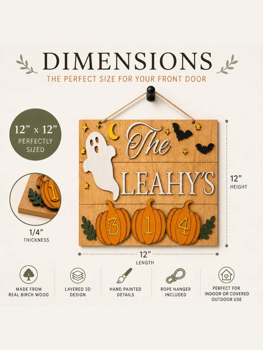 Personalized Halloween Door Hanger | Custom Family Name, House Number Sign | Basswood Pumpkin Decor product image (5)
