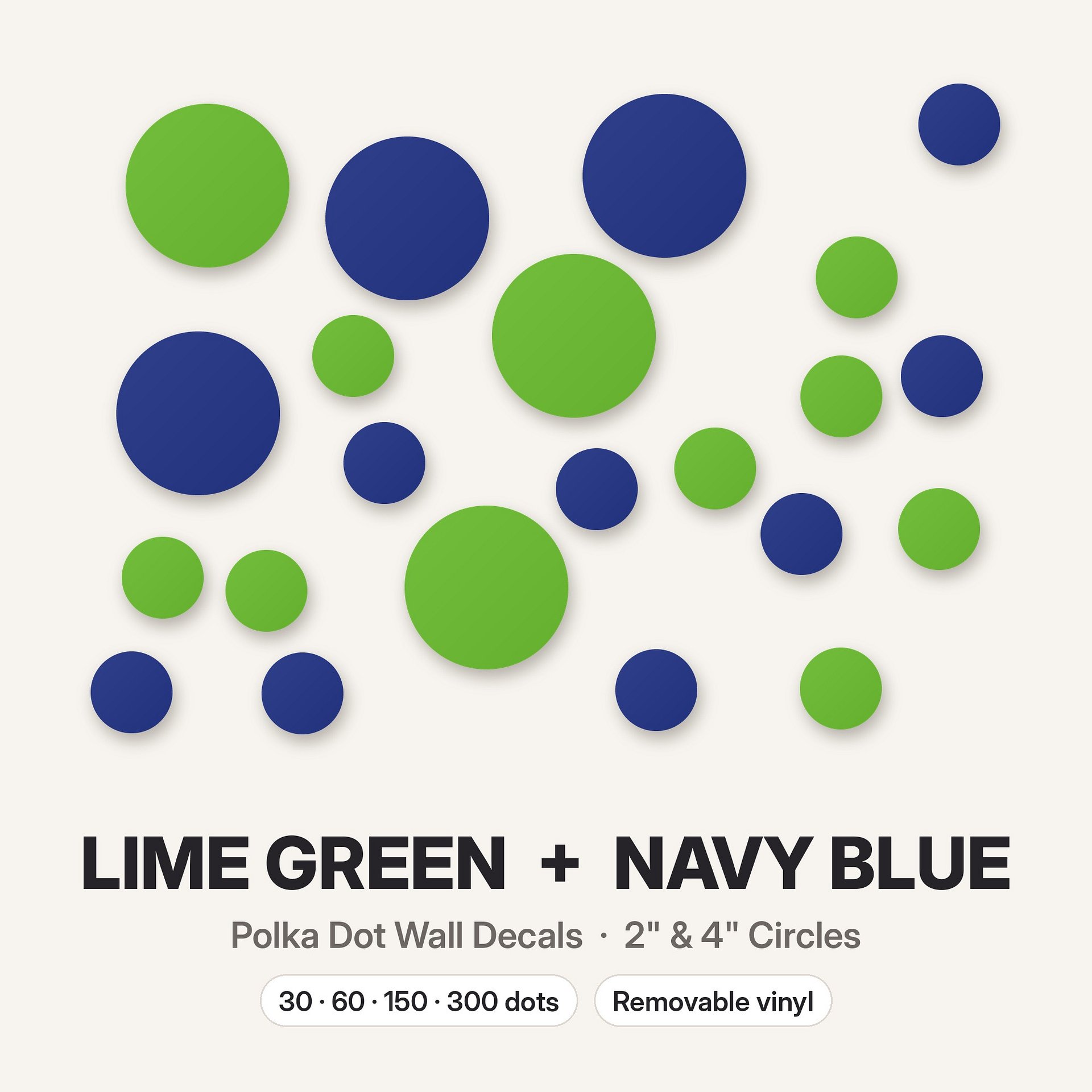Lime Green and Navy Blue Polka Dot Wall Decals, 2" and 4" Vinyl Circle Stickers, Removable Dot Decals for Nursery, Kids Room, Playroom product image (3)