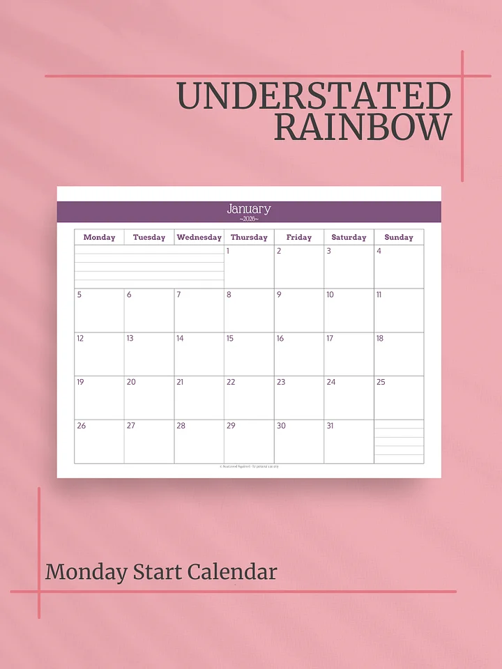 Understated Rainbow 2026 Calendar - Single Page per Month, Monday Start, Letter Size product image (1)