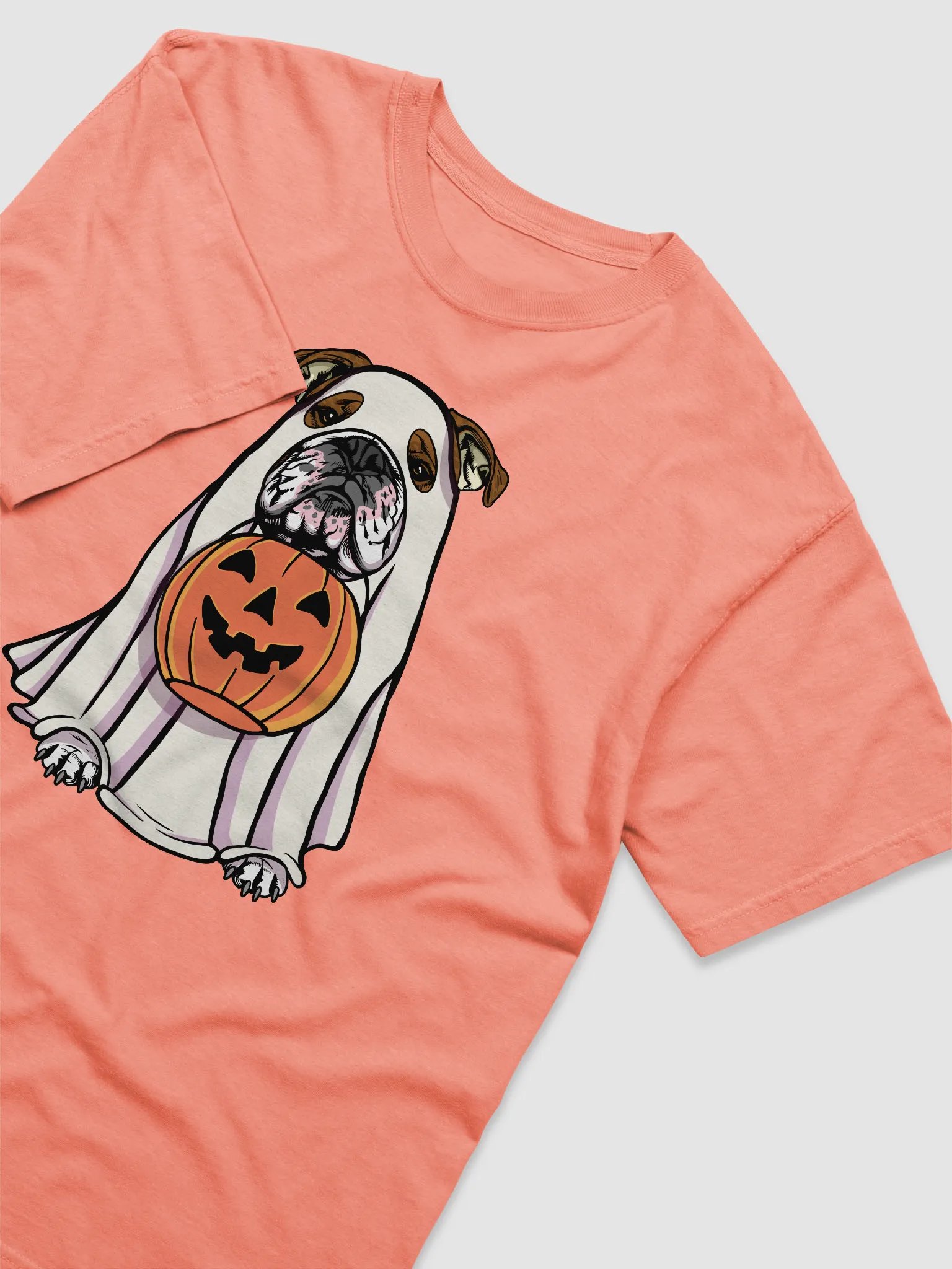 Funny Halloween English Bulldog(Brindle) T-Shirt | Funny English Bulldog Wearing a Ghost Costume and Holding a Pumpkin Basket product image (6)