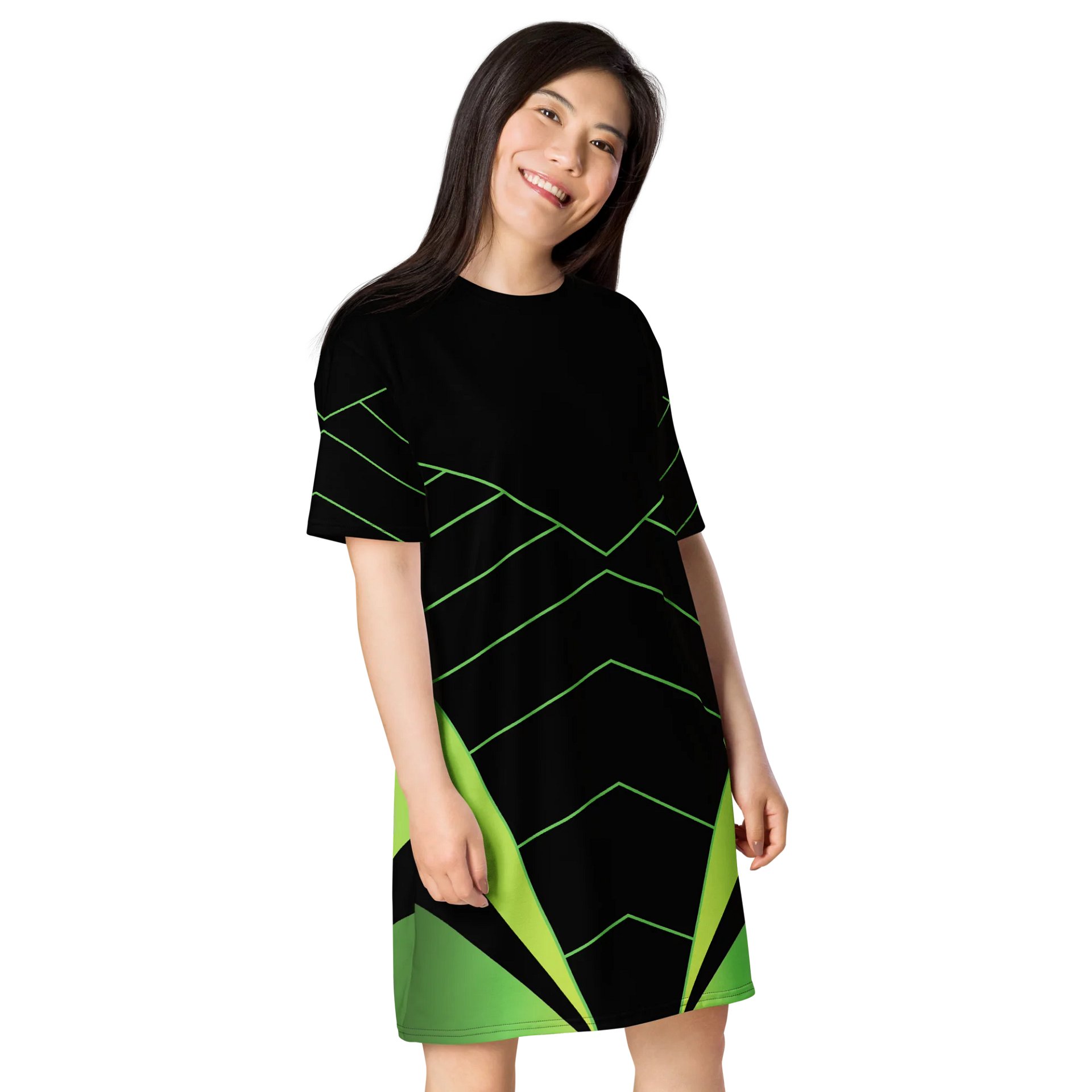 Exclusive Women's Oversized T-Shirt Dress - Black with Green Geometric Pattern product image (4)