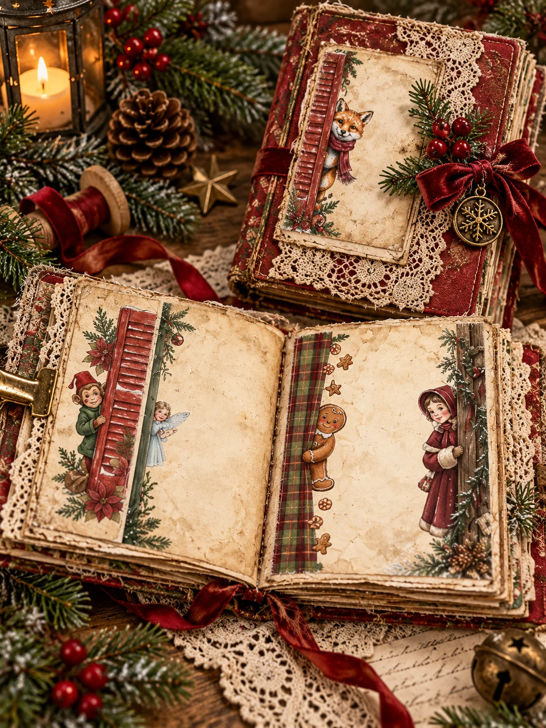 500 Christmas Peeking Junk Journal Pages, Whimsical Woodland Characters, Vintage Santa Ephemera, Printable Storybook Digital Papers, 300 DPI product image (5)