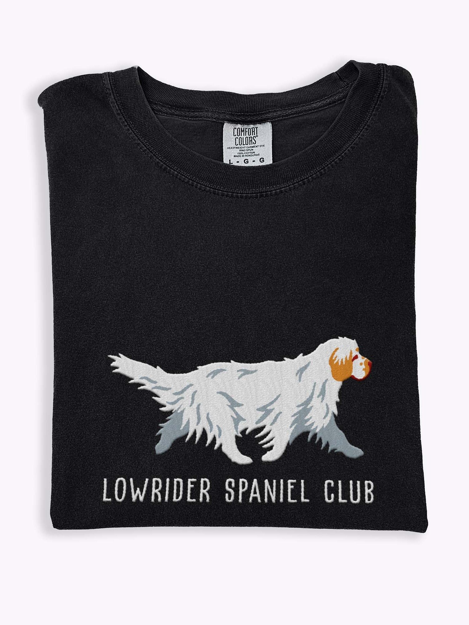 Lowrider Spaniel Club T-Shirt(Embroidered) of a Clumber Spaniel(Tan & White) product image (1)