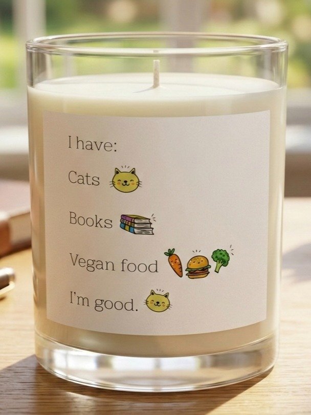 “Cats, Books, and Vegan Food” Soy Wax Glass Jar Candle product image (1)