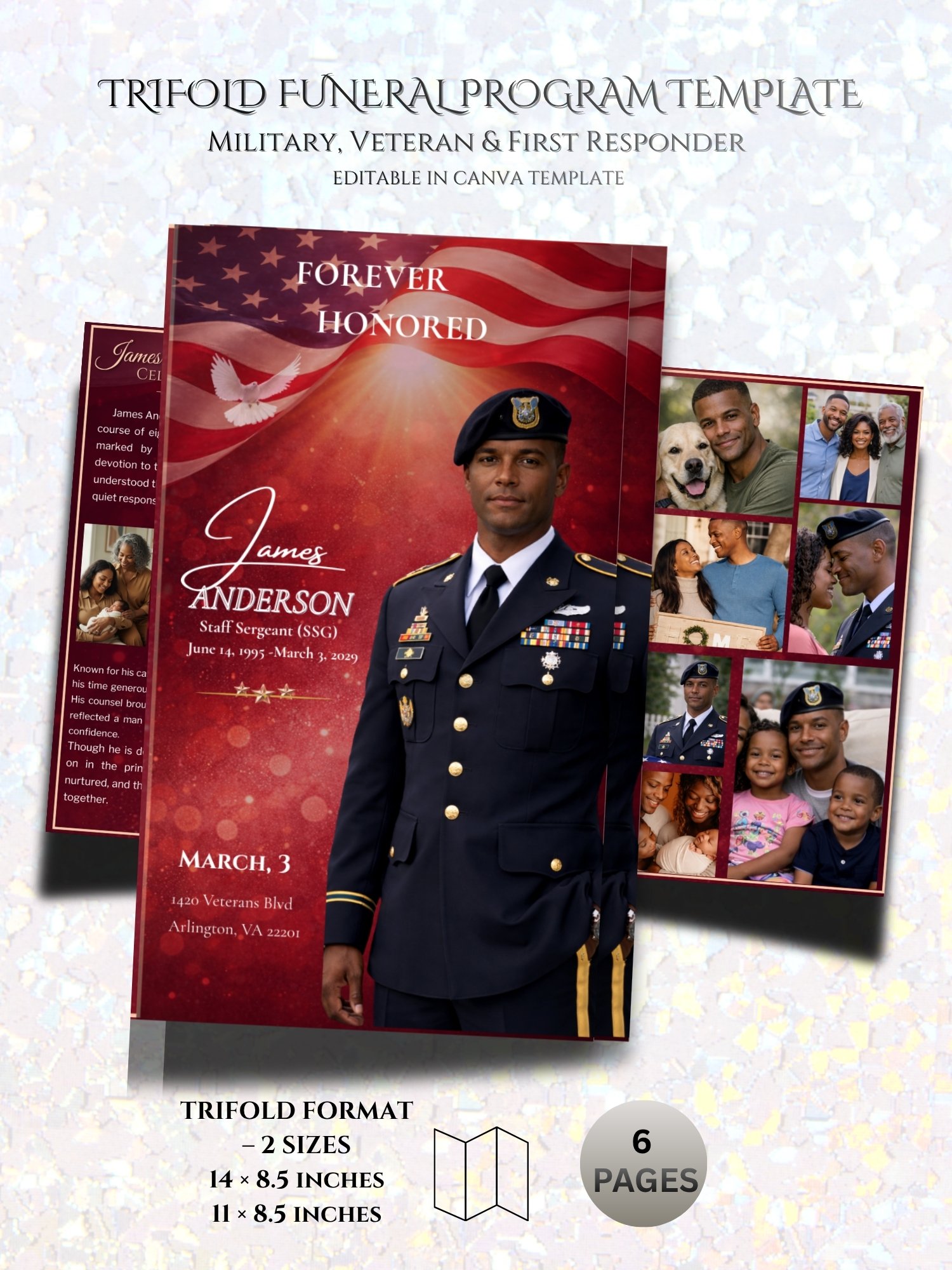 Trifold Funeral Program Editable Canva Template, Legal & Tabloid Sizes, Military Veteran First Responder Memorial product image (1)
