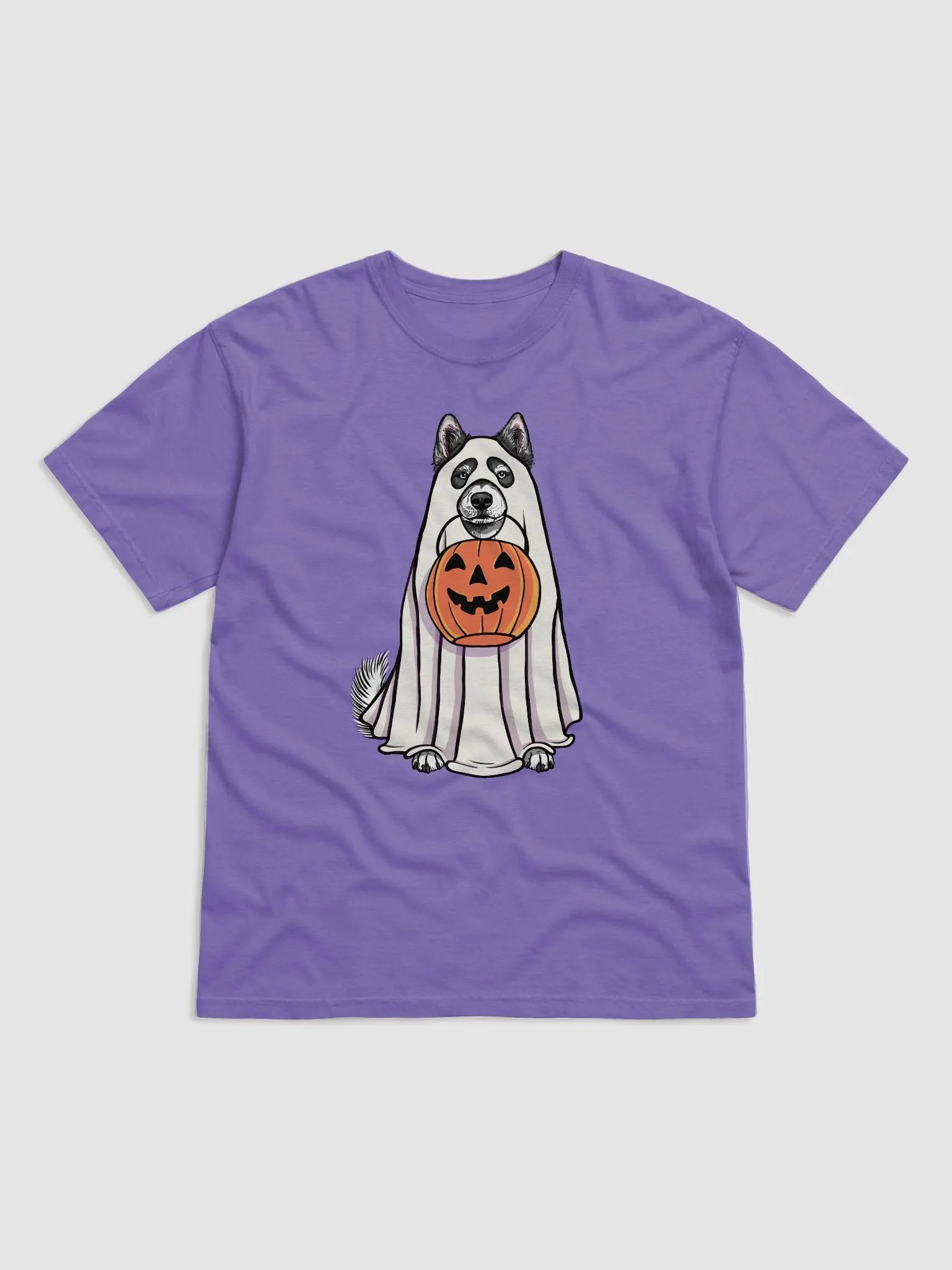Funny Halloween Alaskan Malamute(Black) T-Shirt | Funny Dog Wearing a Ghost Costume and Holding a Pumpkin Basket product image (1)