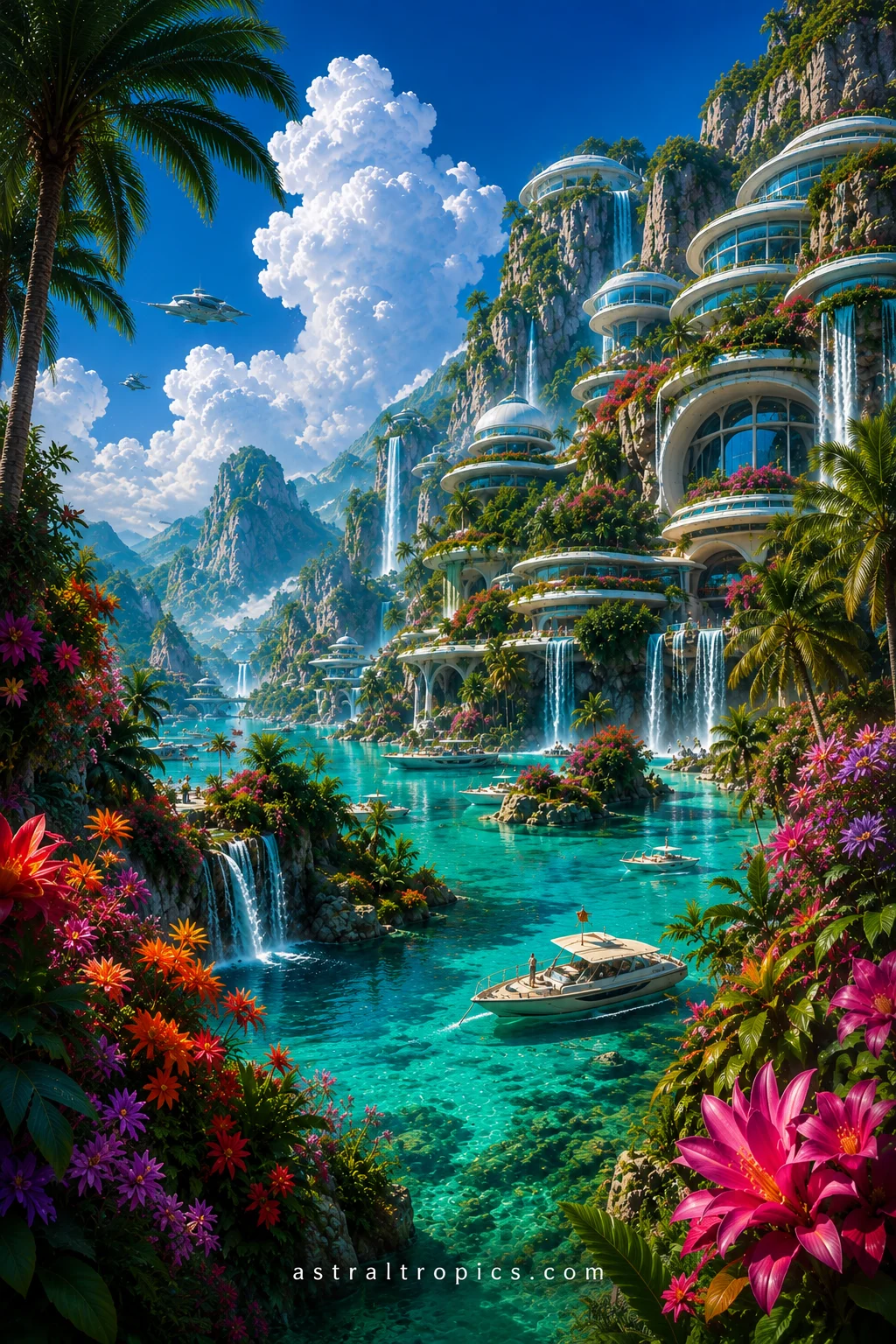 Futuristic Tropical Paradise Waterfall City, Turquoise Lagoon Sci-Fi Wall Art Poster* product image (1)