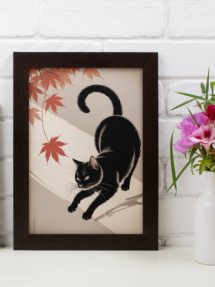 Stretching Black Cat in Autumn Framed Art Print | Japanese Ukiyo-e Style Wall Decor product image (1)