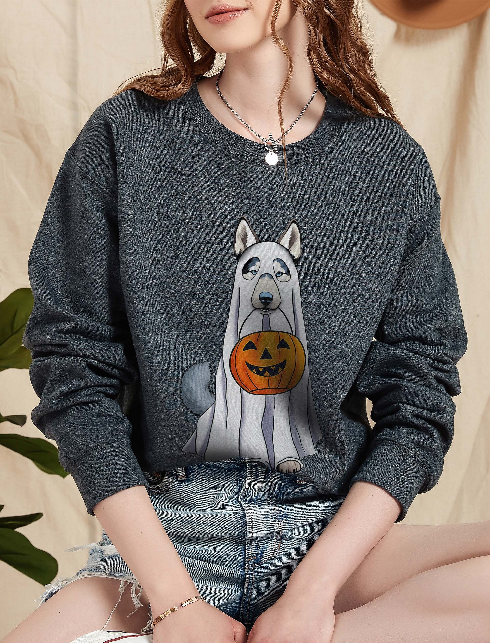 Siberian Husky Halloween Sweatshirt | Funny Fall & Halloween Husky Wearing a Ghost Costume with Pumpkin Basket product image (2)