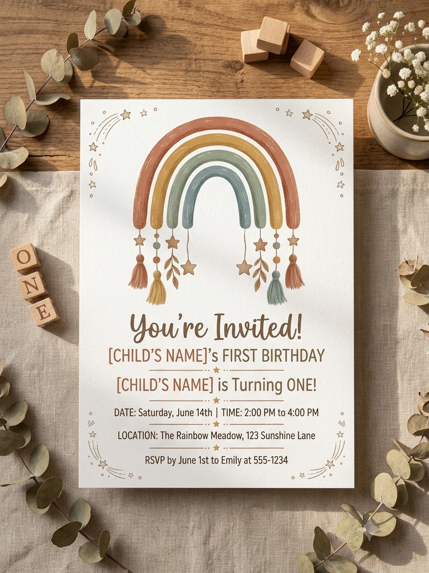 Boho Rainbow First Birthday Invitation Template, Editable Invite, Printable Muted Rainbow Party, Canva Instant Download Digital product image (1)