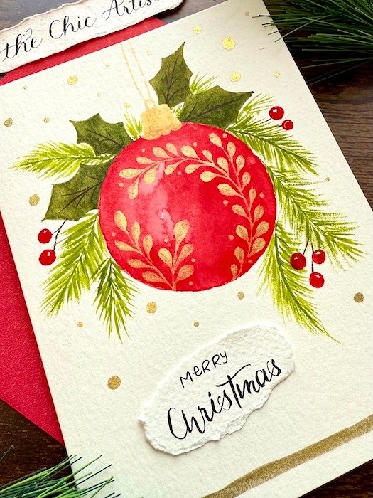 Hand-painted Watercolor Christmas Red Ornament Cards product image (1)