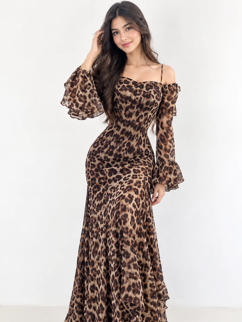 Elegant Leopard Print Ruffle Hem Waist Cinched Long Dress, Suitable For Party, Daily Wear And Travel, Spring/Autumn product image (1)