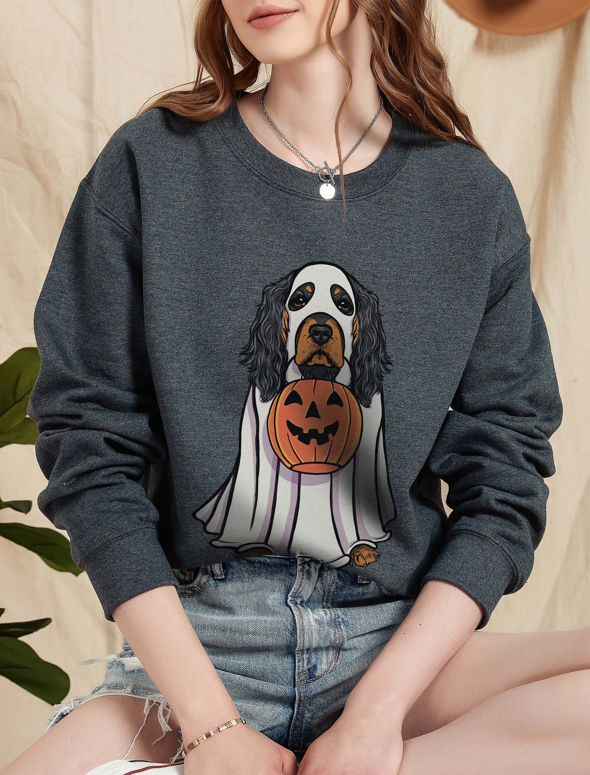 Funny Halloween Cocker Spaniel(Black & Tan) Sweatshirt | Funny Cocker Spaniel Wearing a Ghost Costume and Holding a Pumpkin Basket product image (2)