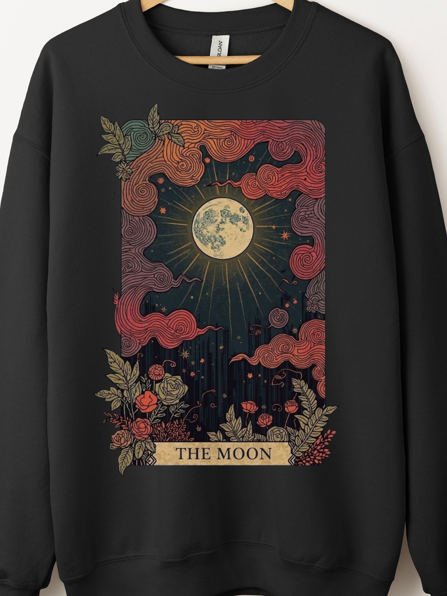 The Moon Tarot Crewneck Sweatshirt, Mystical Lunar Graphic with Swirly Clouds product image (1)