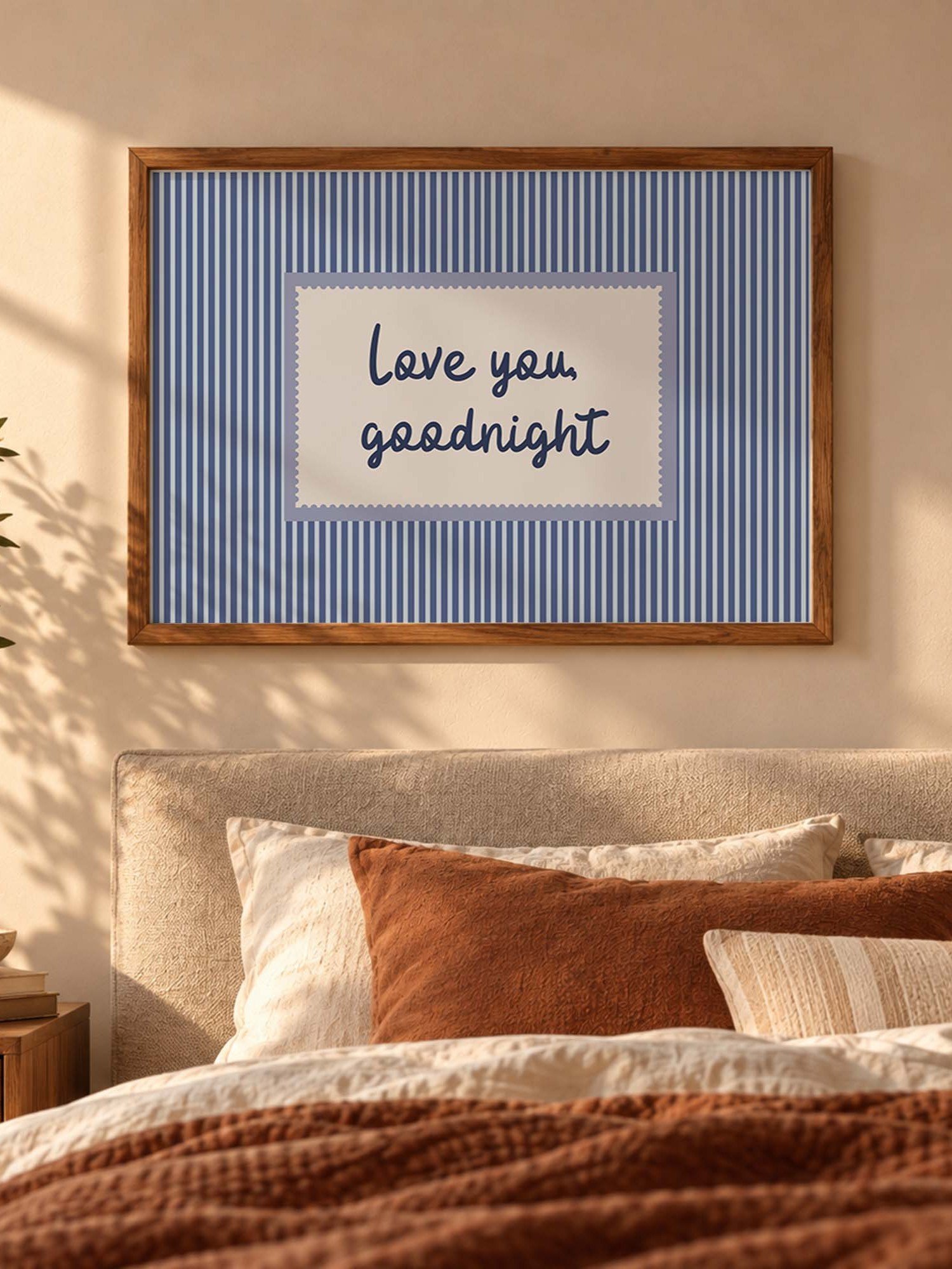 Love You Goodnight Wall Art, Blue Striped Typography Poster, Romantic Bedroom Decor, Horizontal Printable Download product image (4)
