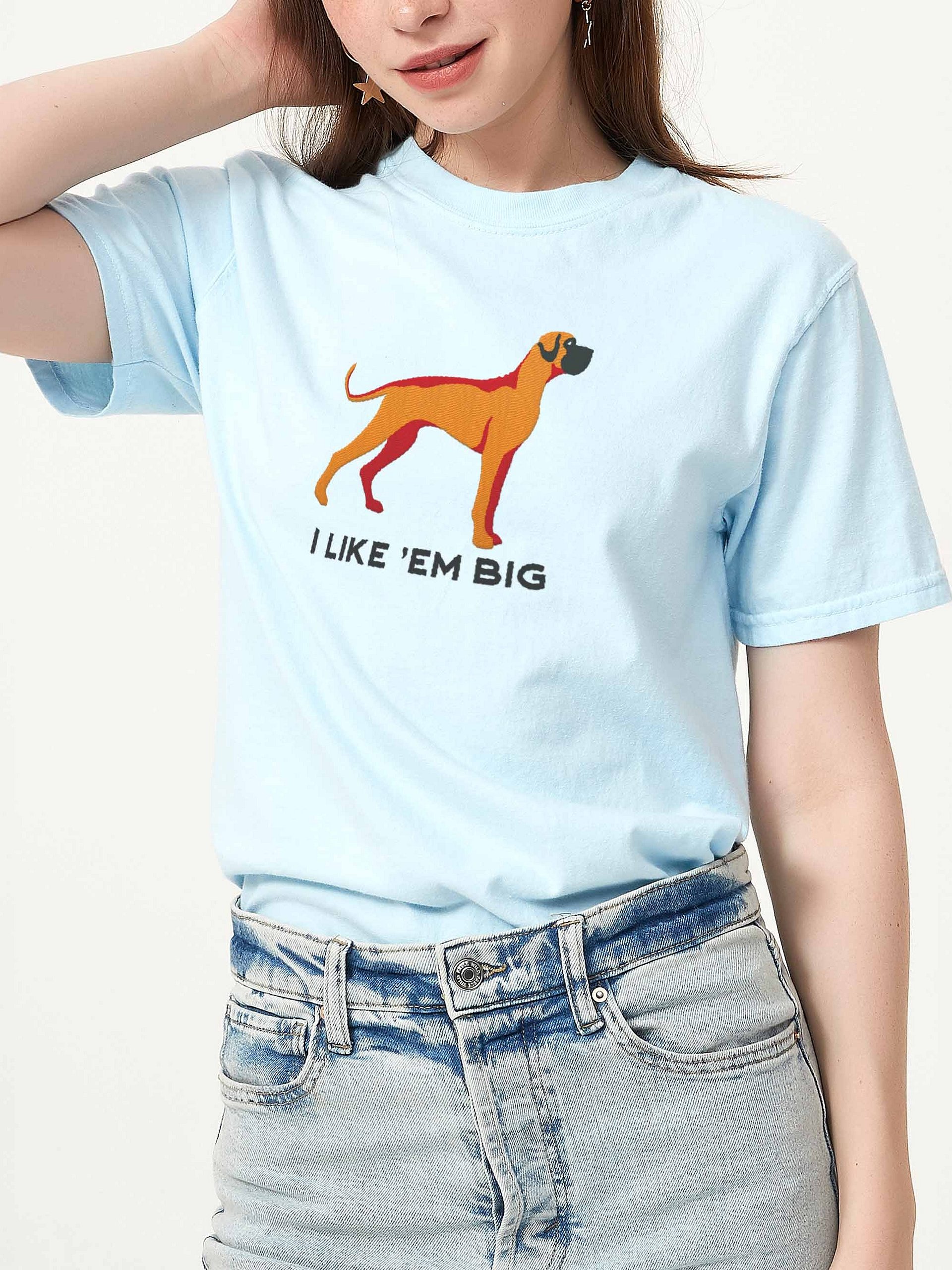 I Like 'Em Big T-Shirt(Embroidered) of a Great Dane(Tan, Black Mask) product image (2)