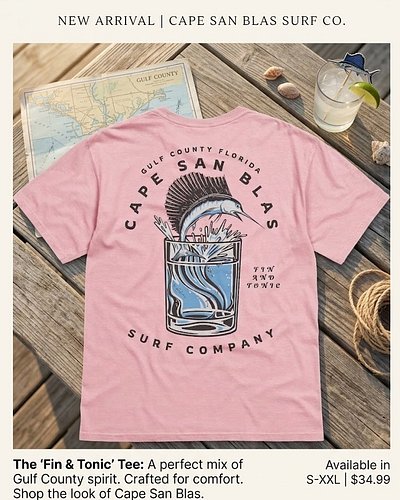 This one’s getting grabbed quick.

The Fin & Tonic Tee in that perfect coastal pink 🍸
Soft, broken-in feel. Built for long da...