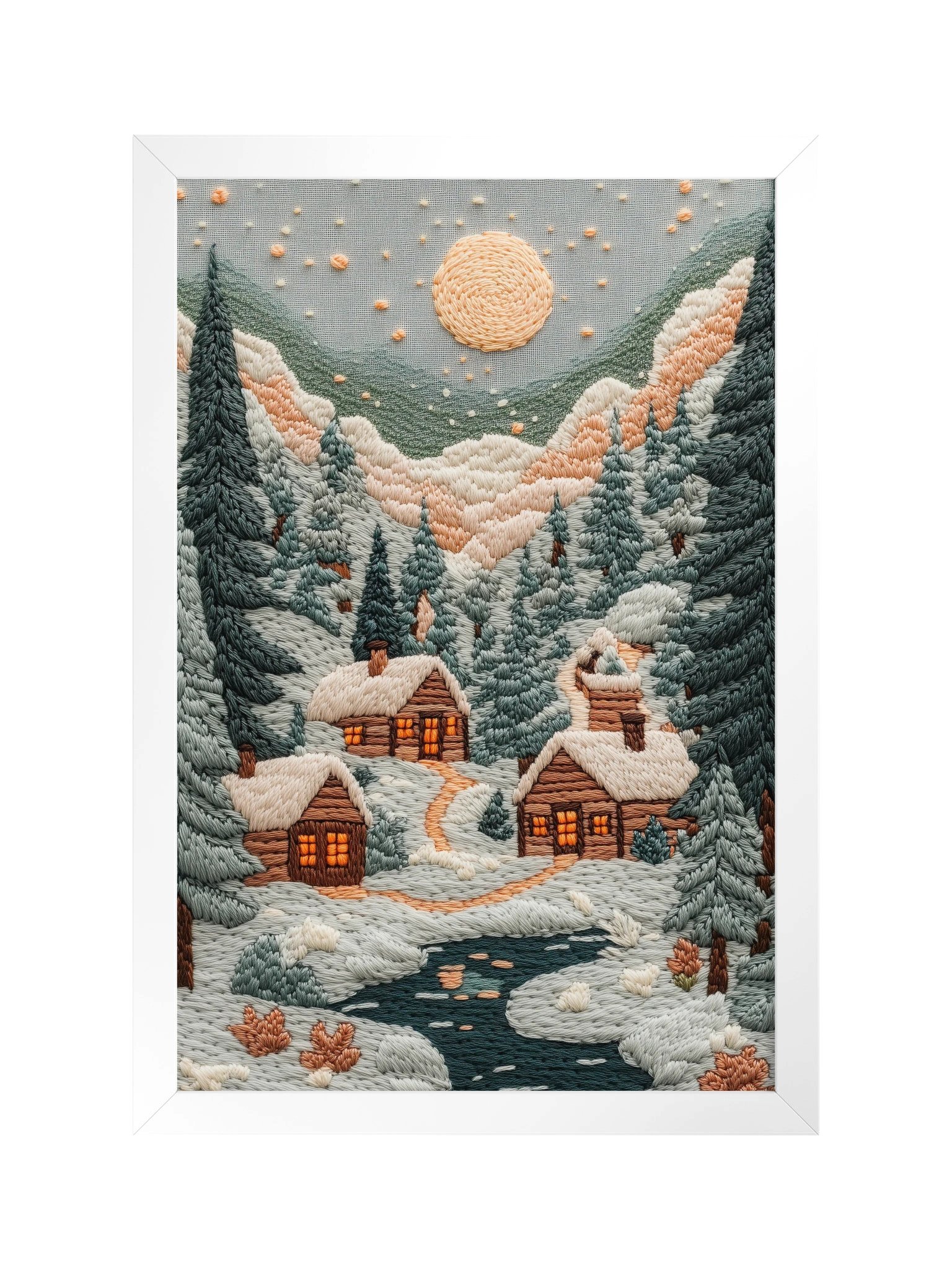 A Little Winter Village in Norway | Embroidery-Style Wall Art — Framed Print product image (9)
