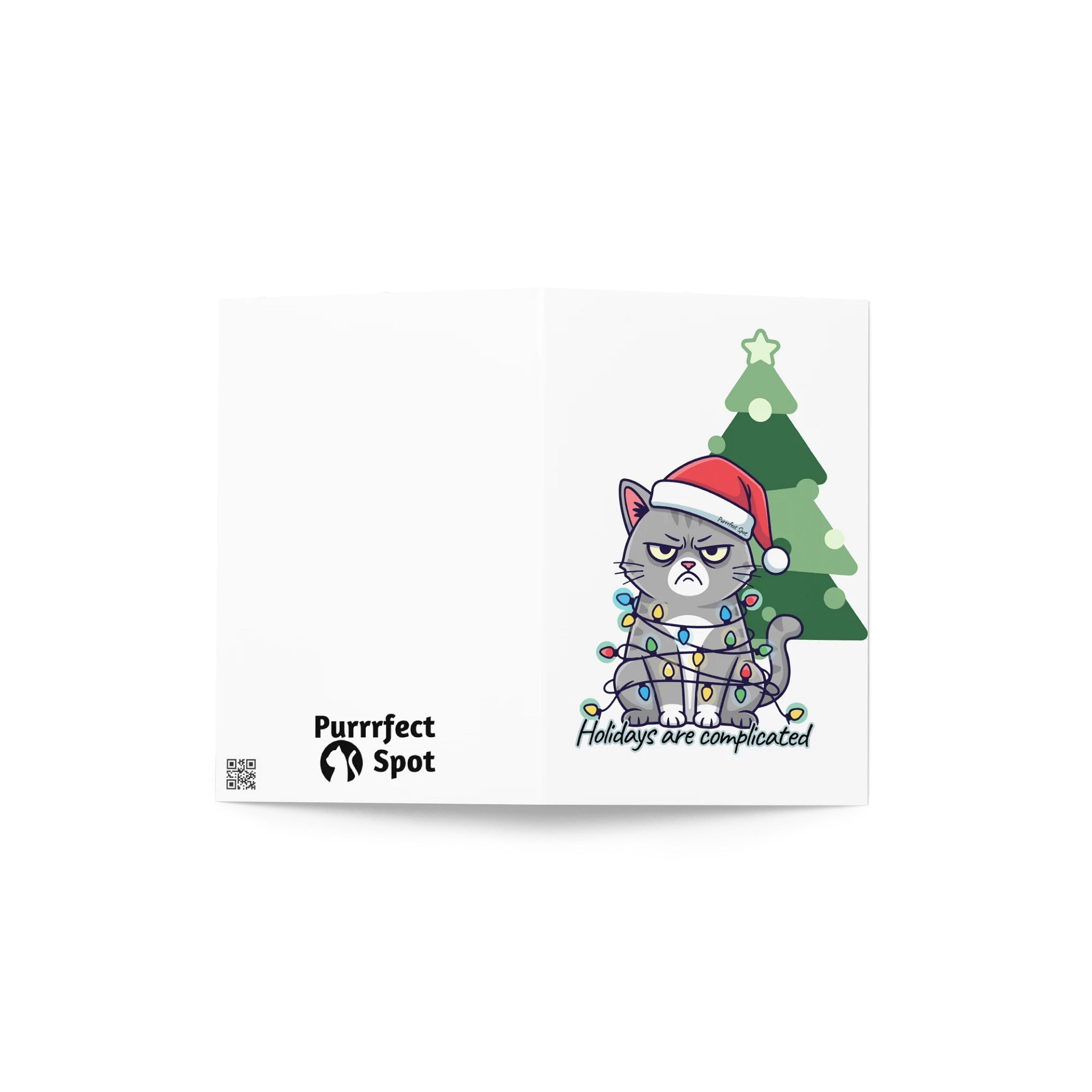 Holidays Are Complicated” Funny Grumpy Cat Christmas Card – Cute Cat Tangled in Lights – Holiday Greeting Card with Envelope product image (5)