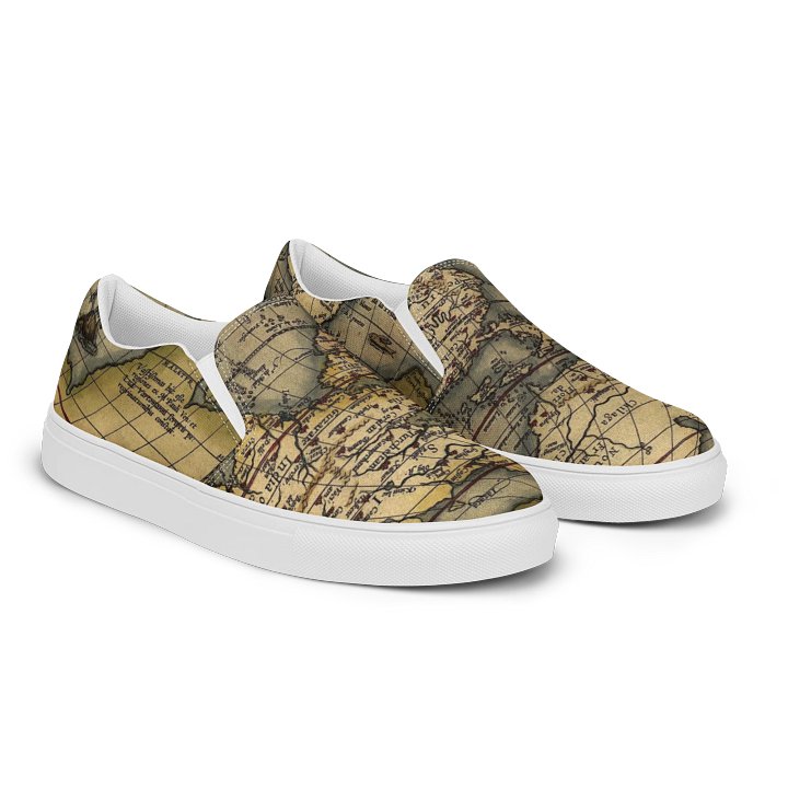 "Ortelius" Vintage World Map Women's Slip-On Canvas Shoes product image (2)