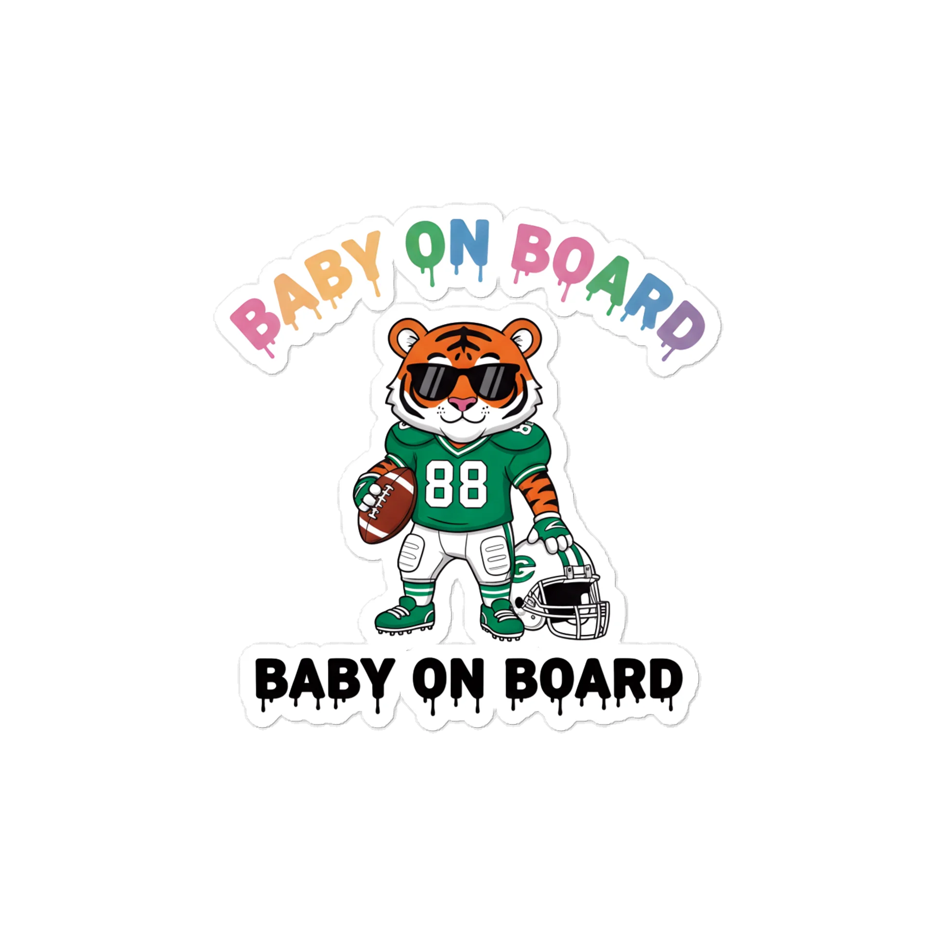 Funny Tiger Football Baby on Board Sticker - 5x5 Weatherproof Vinyl Car Decal - Cute Sporty Tiger Tailgate Decor - Premium Outdoor Grade Safety Sign for SUVs & Jeeps product image (1)