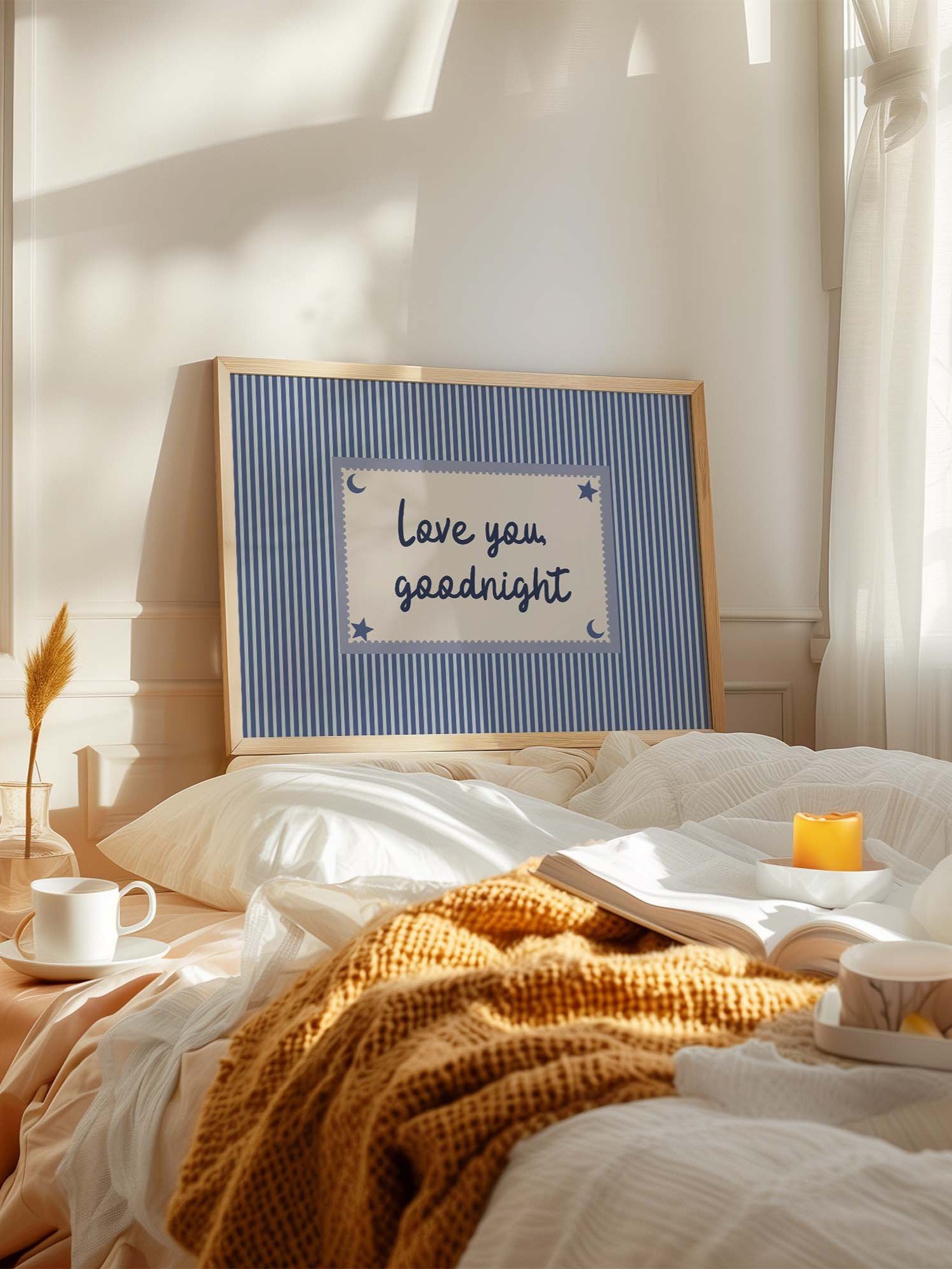 Love You Goodnight Print, Blue Striped Bedroom Wall Art, Handwritten Bedtime Quote, Nursery Decor, Horizontal Digital Download product image (6)