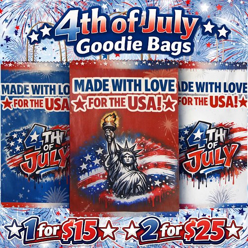 Bags available in Red * White * Blue . They come with a total of 5 goodies and your 4th of July Poppers and Glow in the dark ...