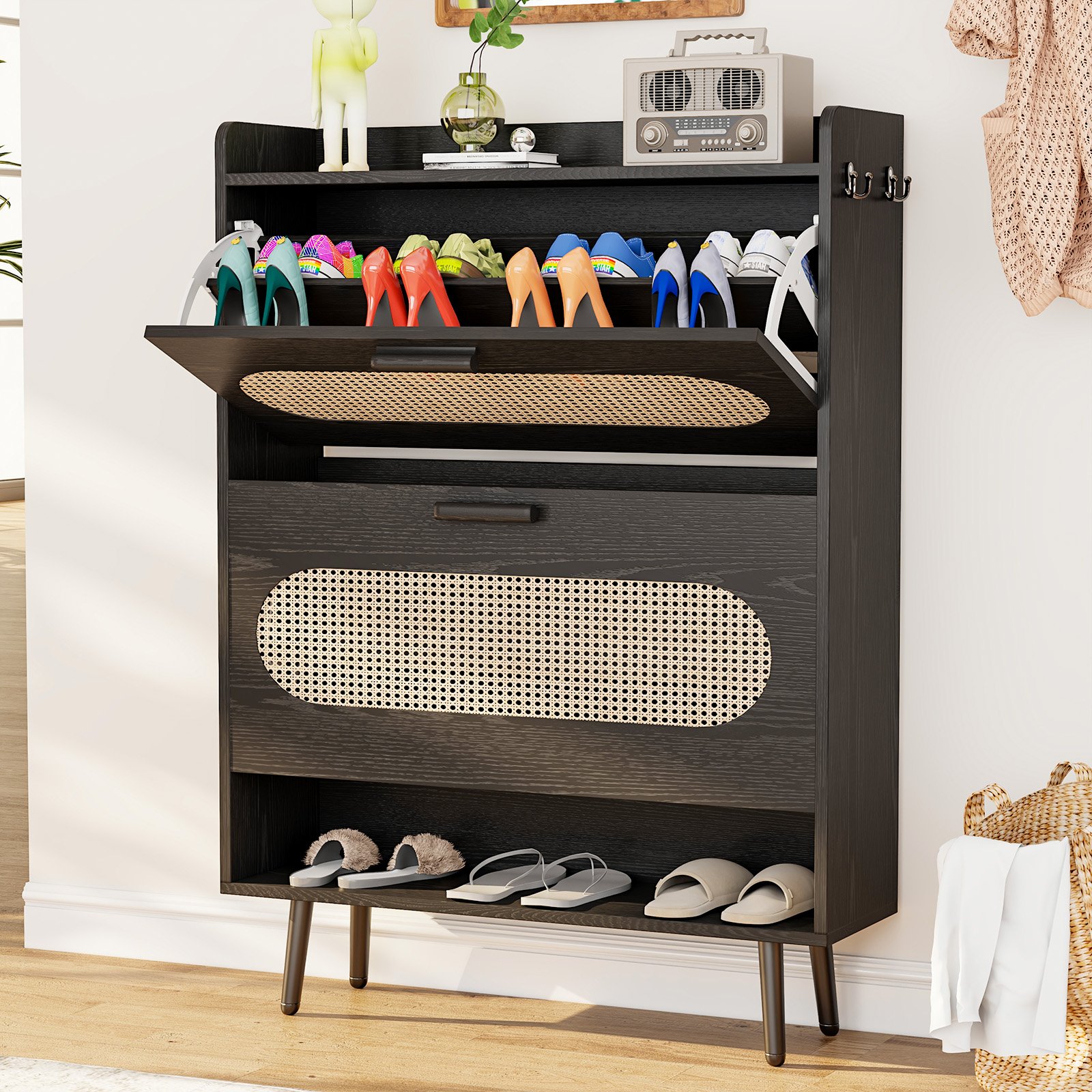 Shoe Cabinet with Natural Rattan Flip Drawers for Entryway Free Standing Slim Shoe Storage Organizer with 2 Flip Drawers Black product image (1)