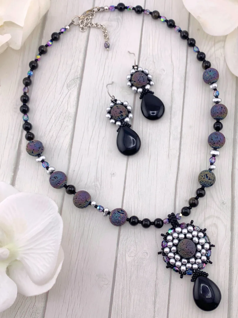Majesty Beaded Necklace and Earrings Set - Black, Silver product image (2)