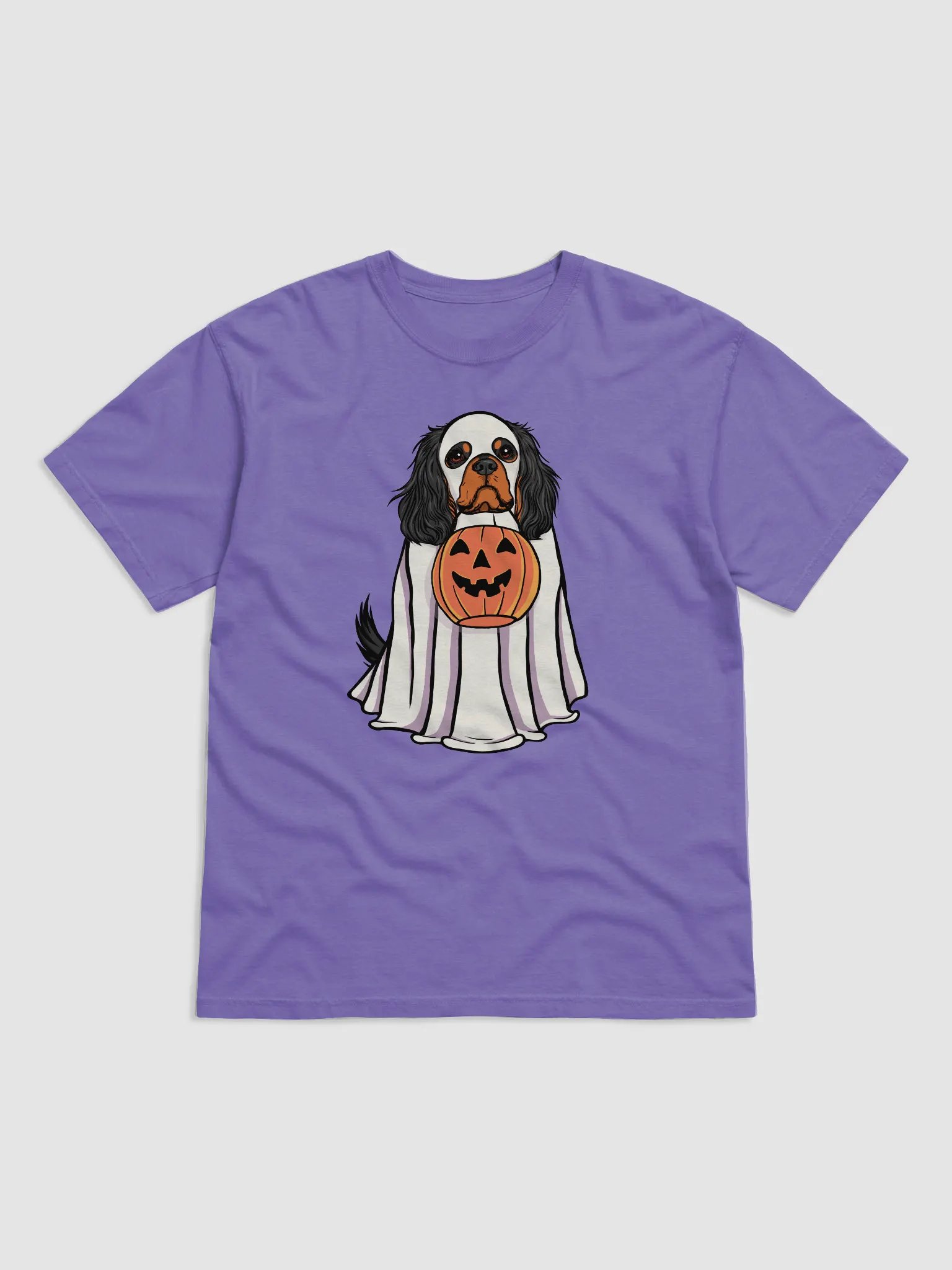 Funny Halloween Cavalier King Charles Spaniel(Black & Tan) T-Shirt | Funny Cavalier Wearing a Ghost Costume and Holding a Pumpkin Basket product image (1)