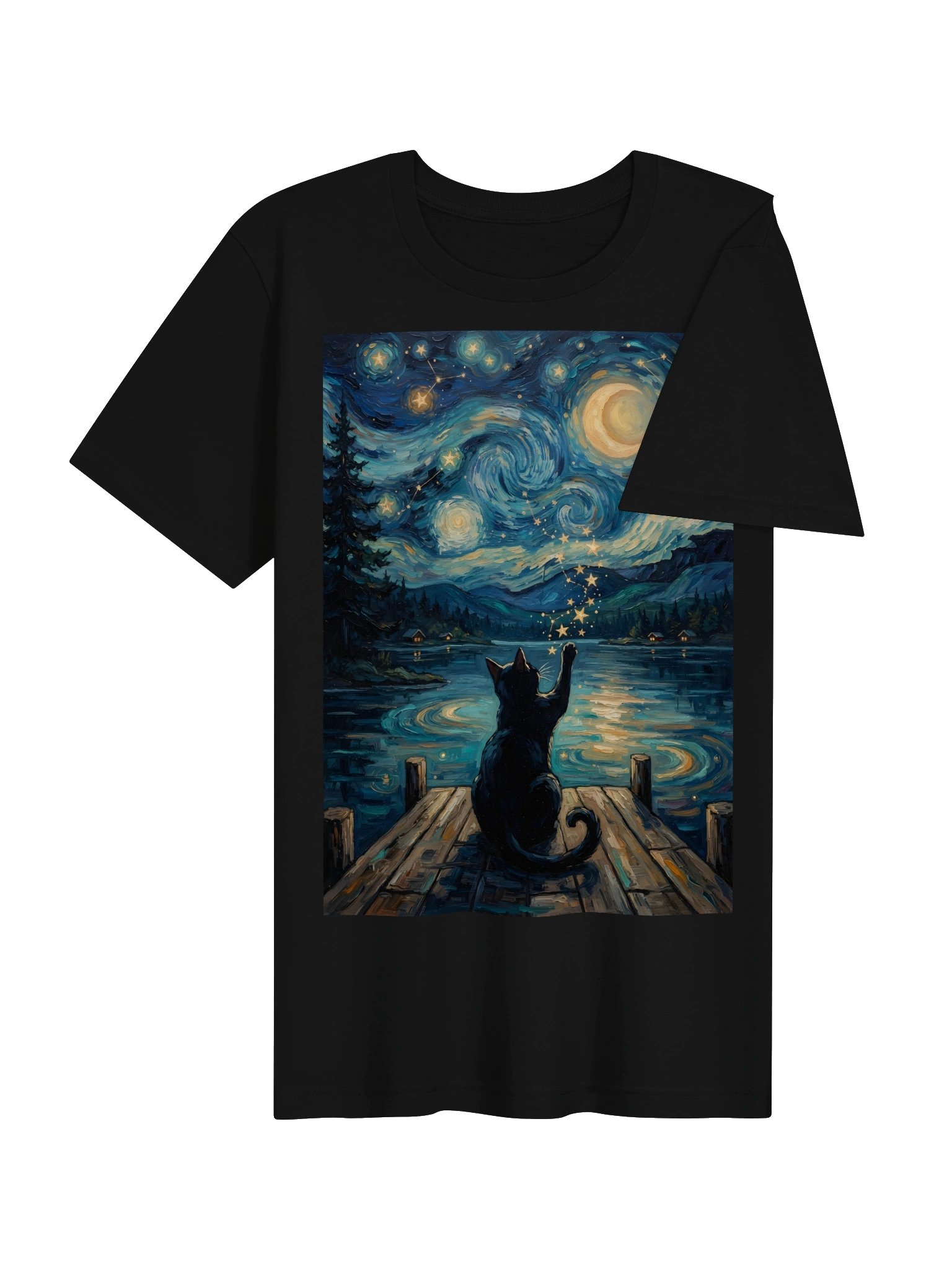 Celestial Cat T-Shirt, Moon & Stars Night Sky Graphic Tee, Magical Lake Cat Shirt, Vintage Cosmic Nature Apparel product image (35)