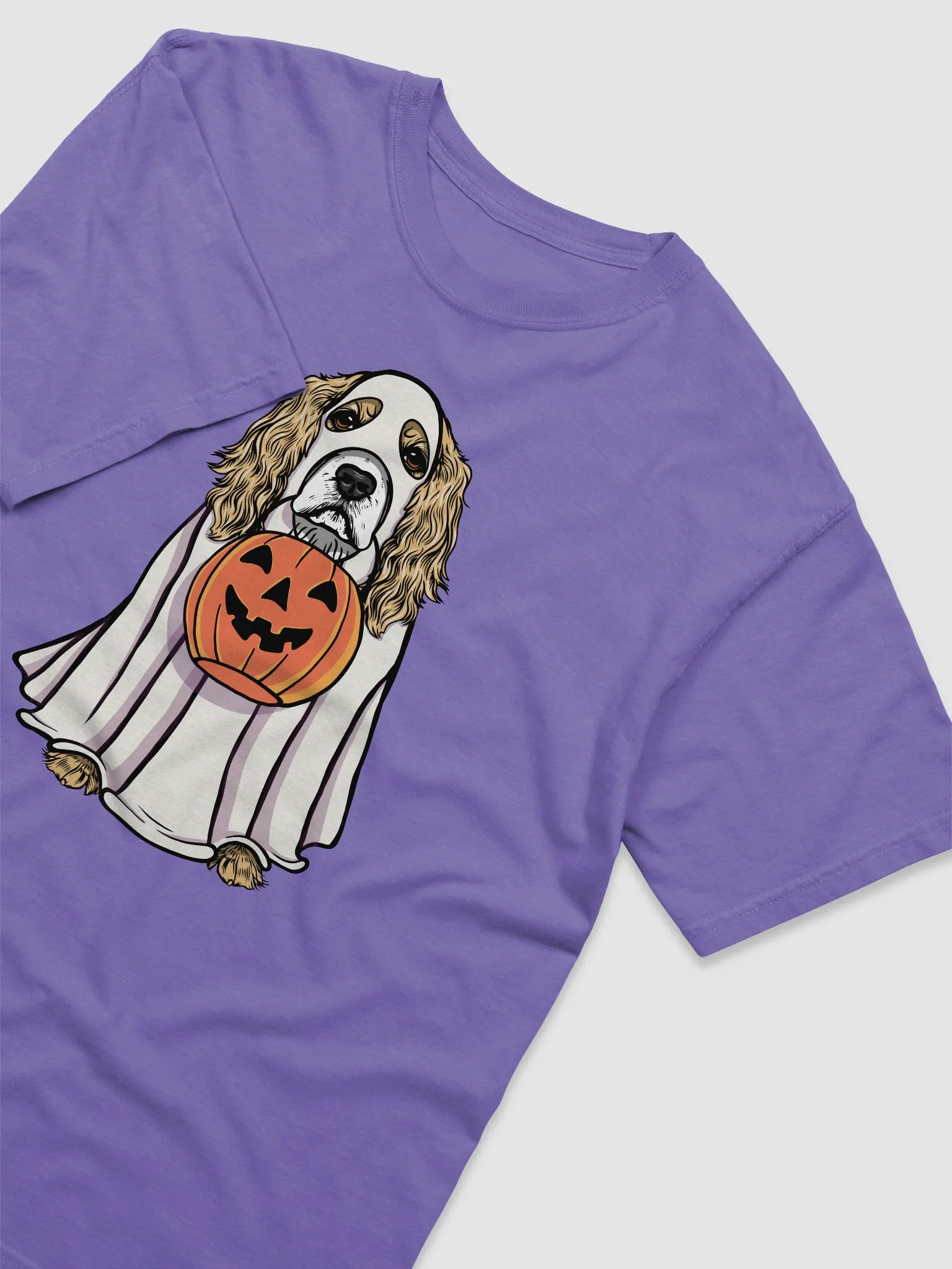 Funny Halloween Cocker Spaniel(Lemon) T-Shirt | Funny Cocker Spaniel Wearing a Ghost Costume and Holding a Pumpkin Basket product image (6)