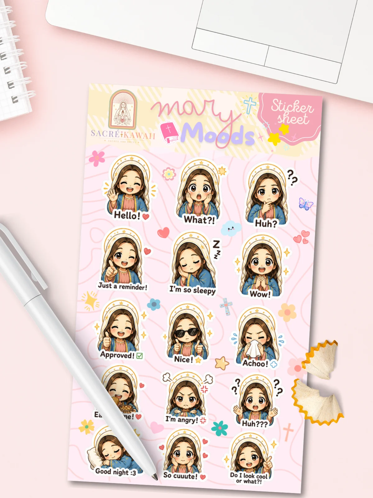 Chibi Mary Moods Sticker Sheet | Matte Vinyl Journal Stickers (15 Mini Expressions) product image (3)