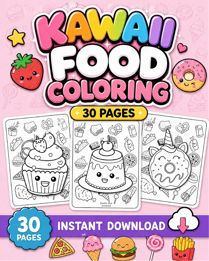 Kawaii Food Coloring Pages for Kids Printable | 30 Cute Food Coloring Sheets product image (1)