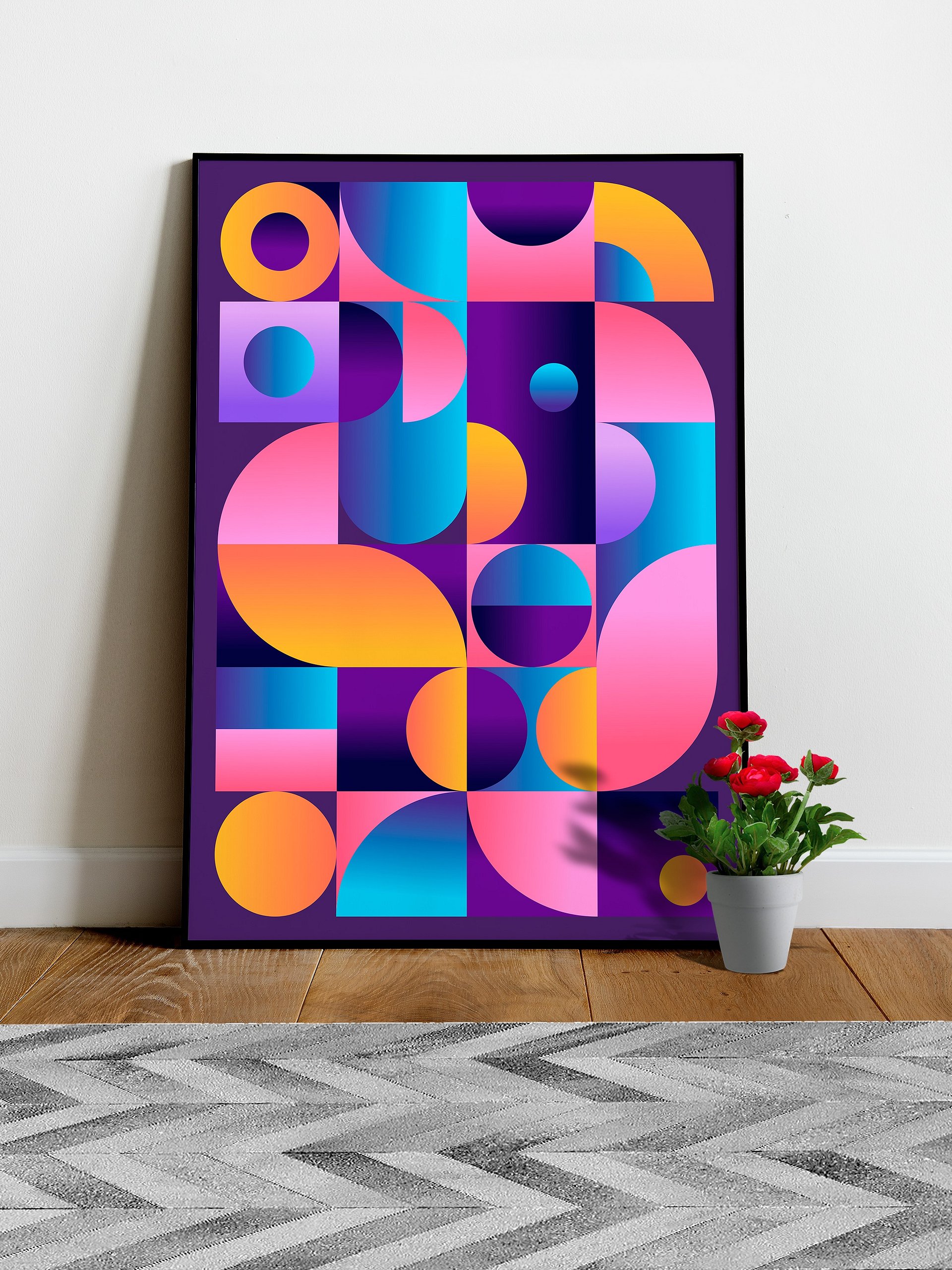 Synthwave Bauhaus Neon poster #1 (dark purple-pink) — abstract poster, retrowave print, vaporwave geometric art, 1980s print, 1930s decor product image (1)